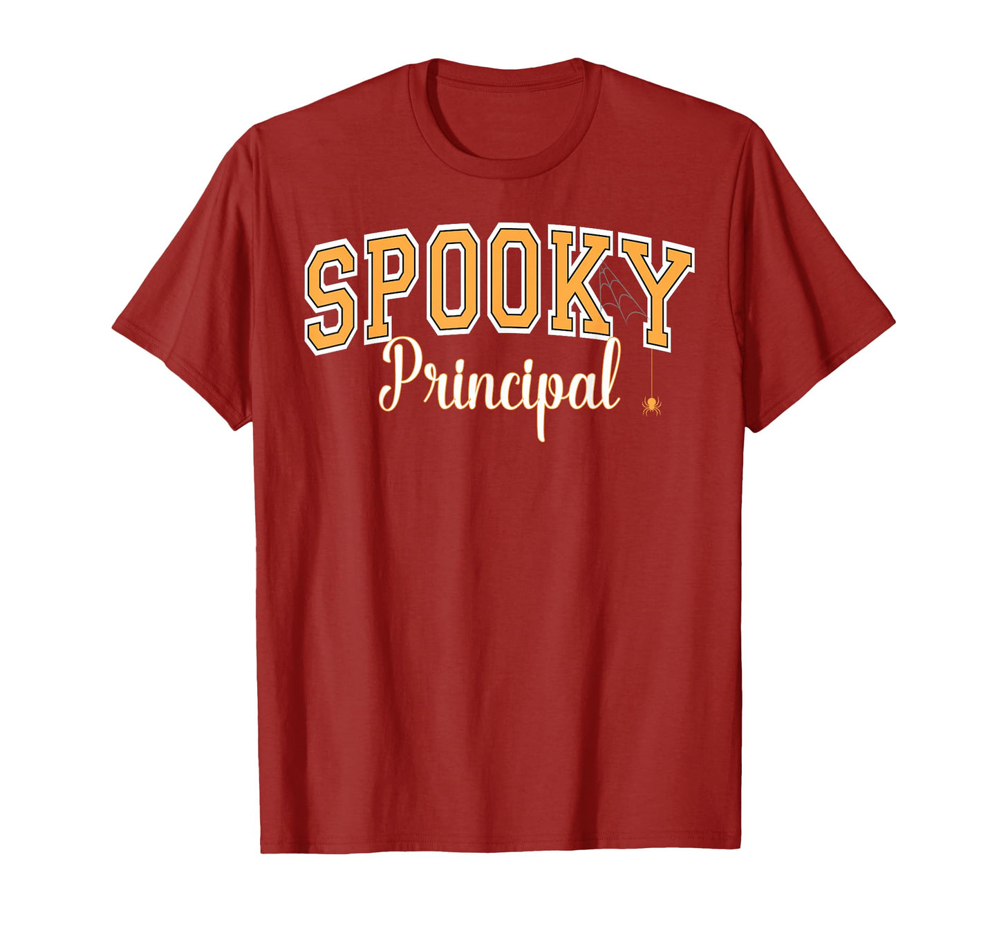 Spooky Principal Halloween Spider Varsity Orange Letters T-Shirt