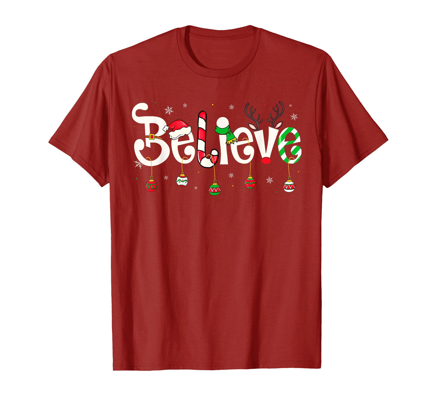 Merry Christmas Believe Santa Claus Reindeer Candy Cane Xmas T-Shirt
