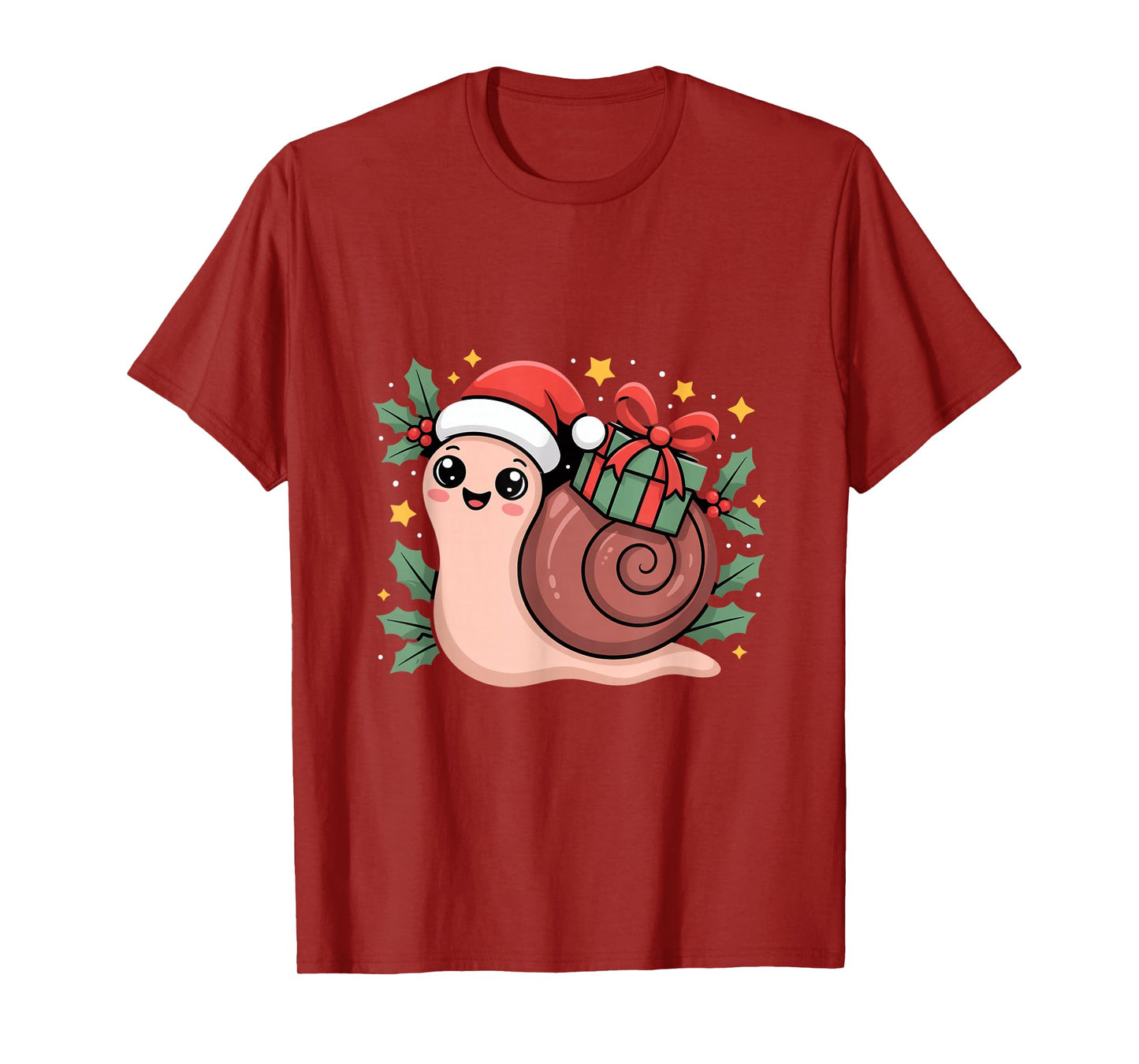 Kawaii Santa Snail with Wrapped Box and Holly Stars T-Shirt