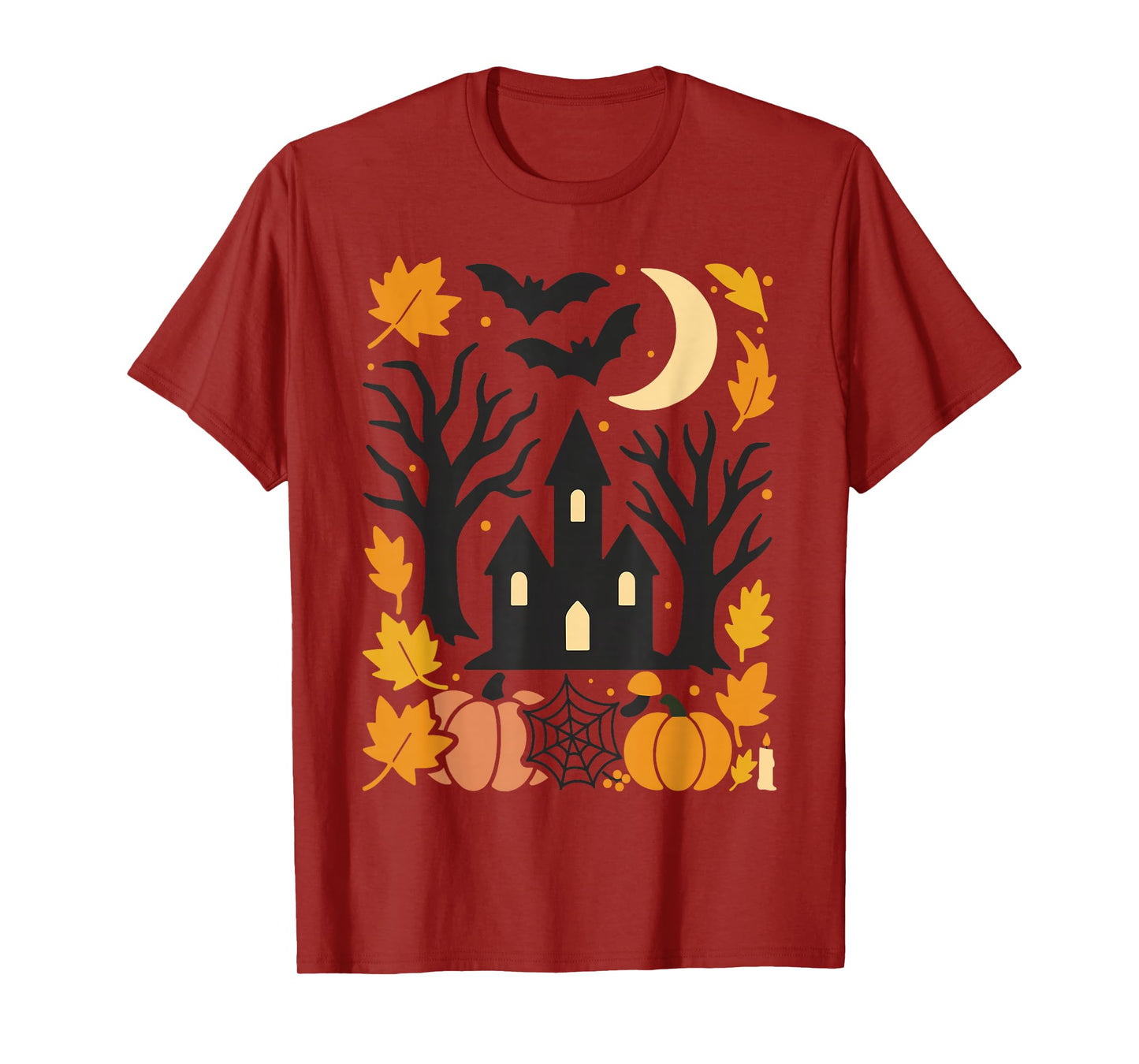 Haunted House Pumpkin Moon Bats Autumn Leaves Halloween T-Shirt