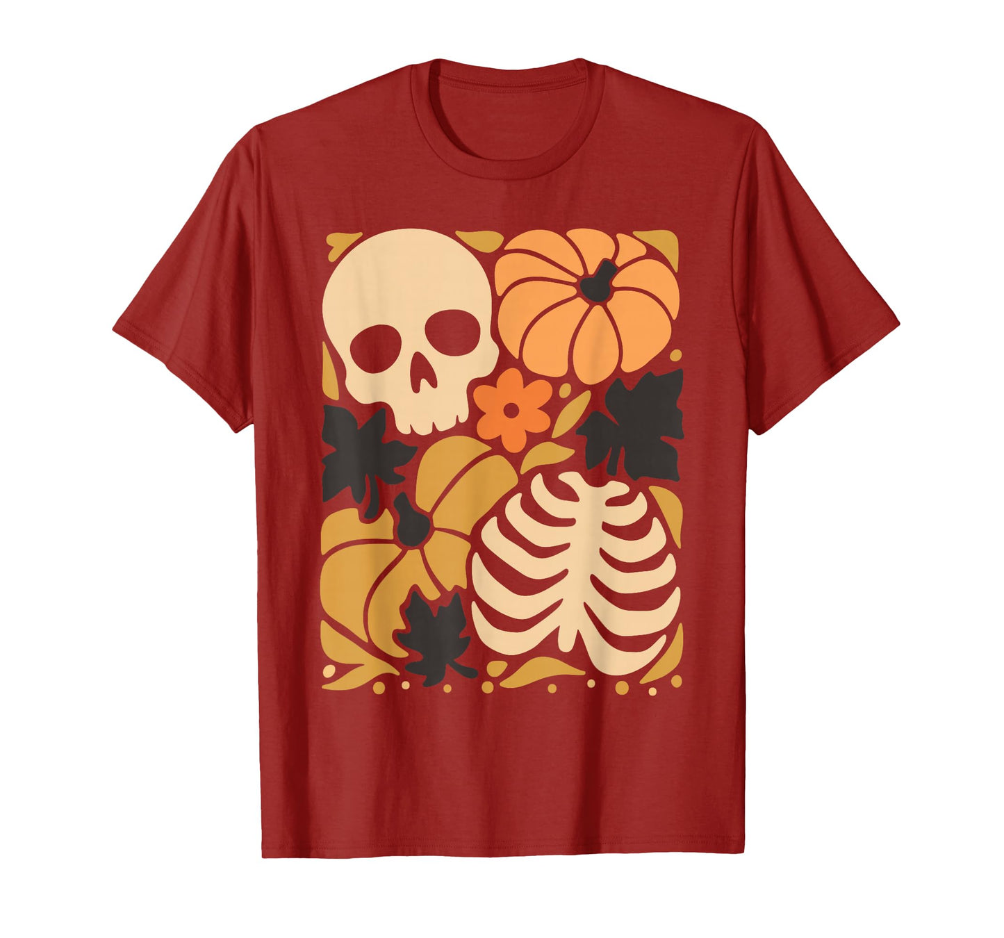 Retro Halloween Skull Pumpkin Ribcage Fall Leaves Spooky T-Shirt