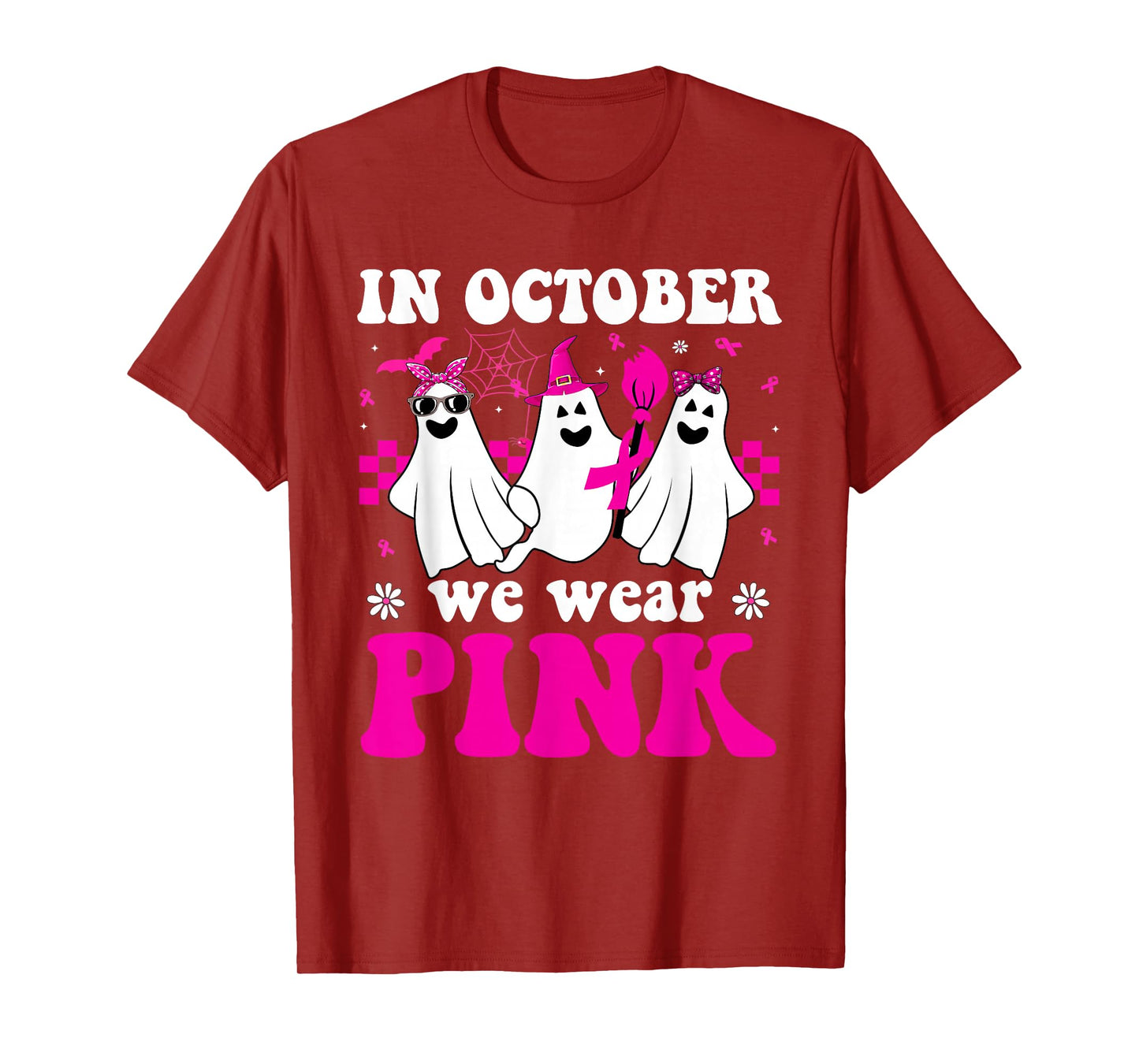 in October We Wear Pink Ghost Witch Breast Cancer Awareness T-Shirt