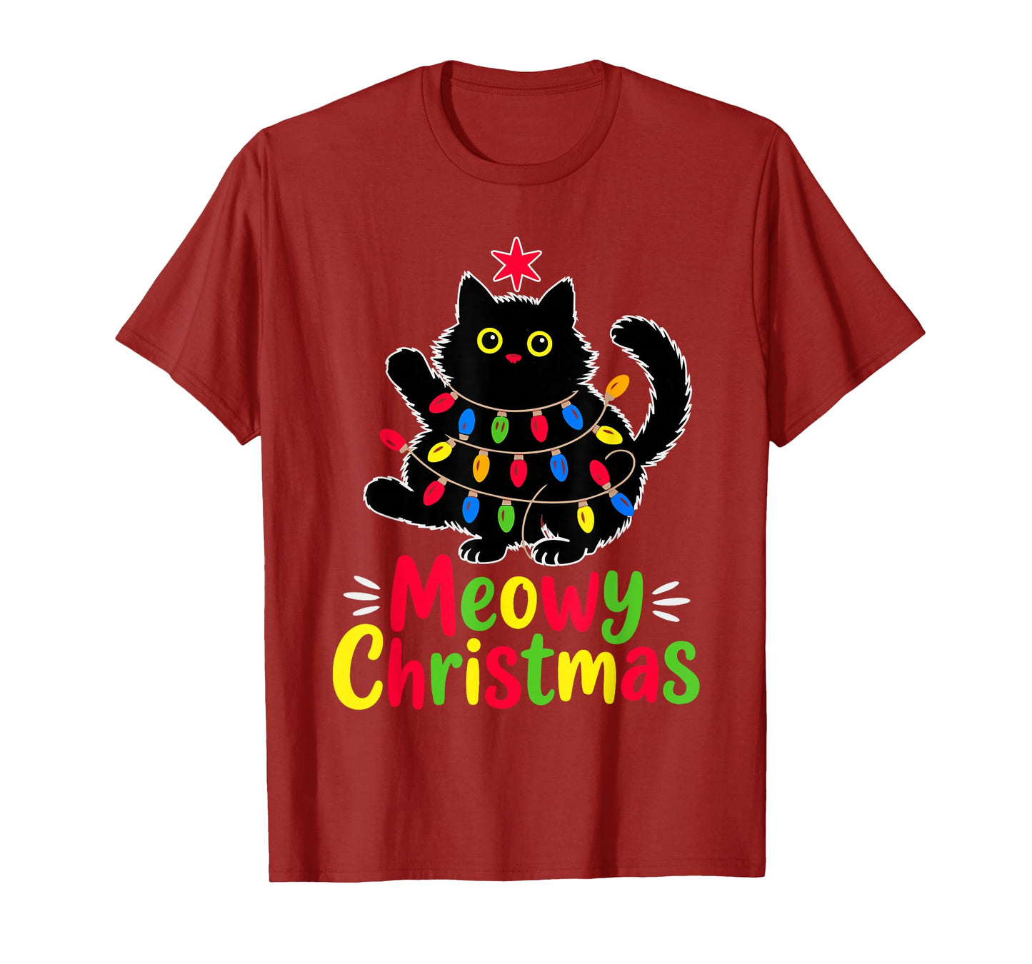 Meowy Christmas Xmas Lights Black Cat Funny Men Women Kids T-Shirt