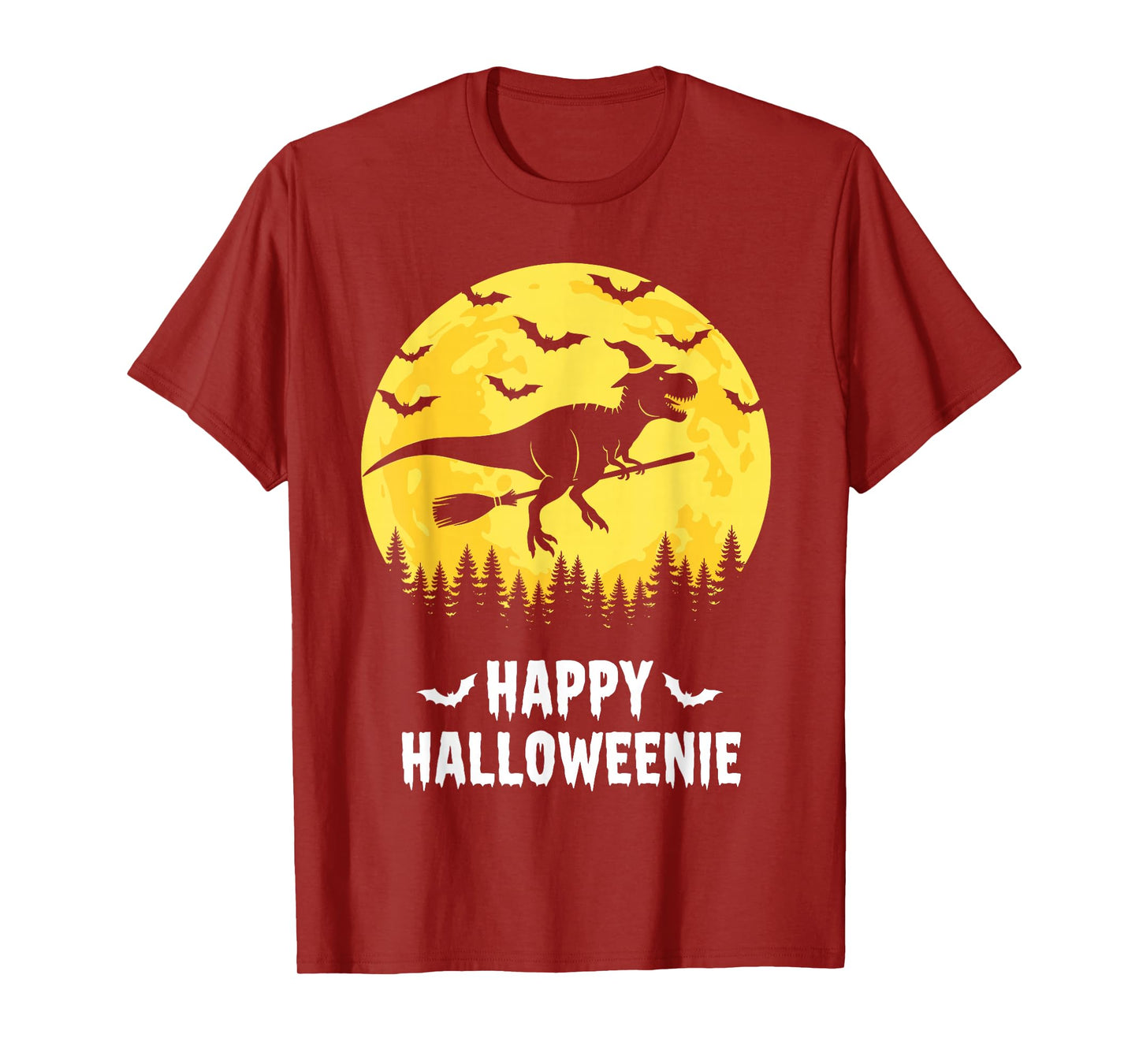 Happy Halloweenie Funny Dinosaur T Rex Flying Witch T-Shirt