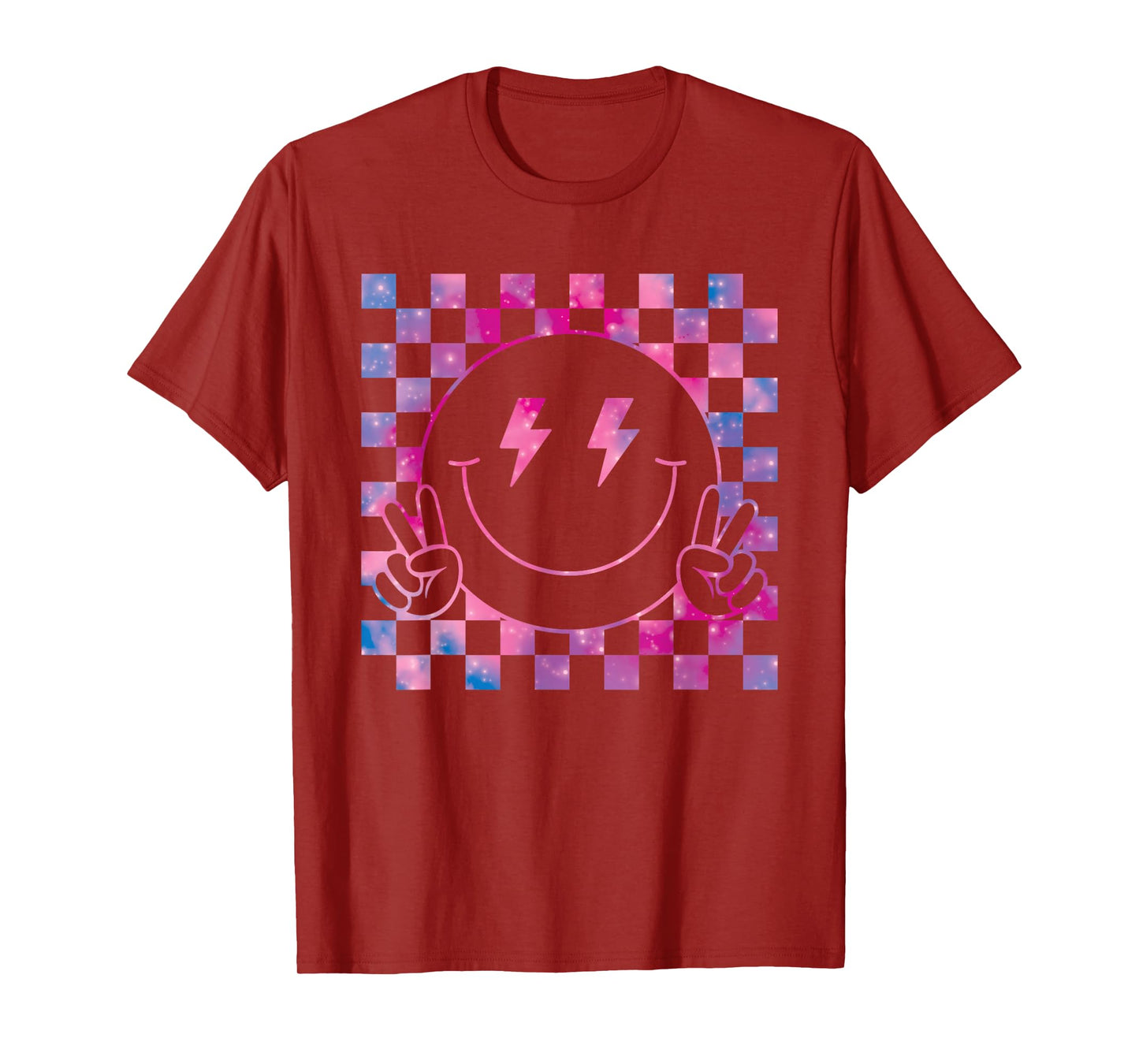 Checkered Lightning Bolt Eyes Happy Smiling Smile Face Peace T-Shirt