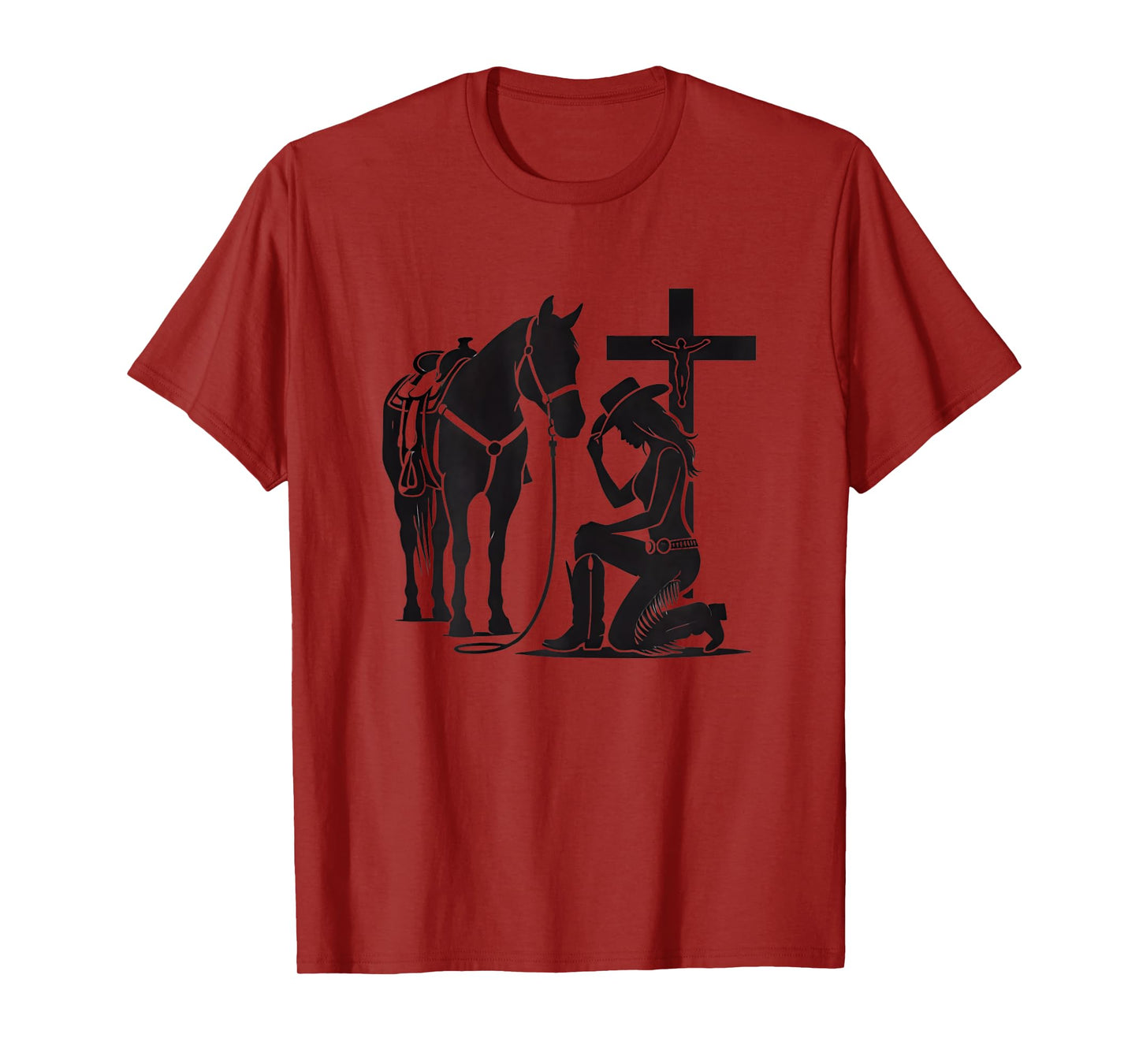 Christian Inspirational Cowgirl Praying with Horse & Cross T-Shirt