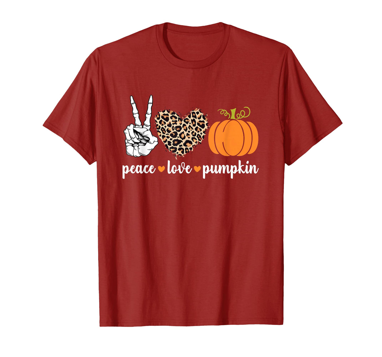 Peace Love Pumpkin Halloween Leopard Pumpkin Skeleton Hands T-Shirt