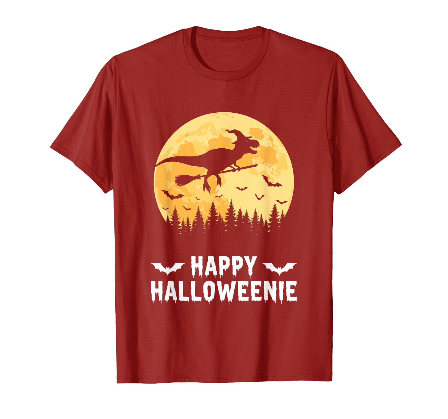 Happy Halloweenie Funny Dinosaur T Rex Flying Witch T-Shirt