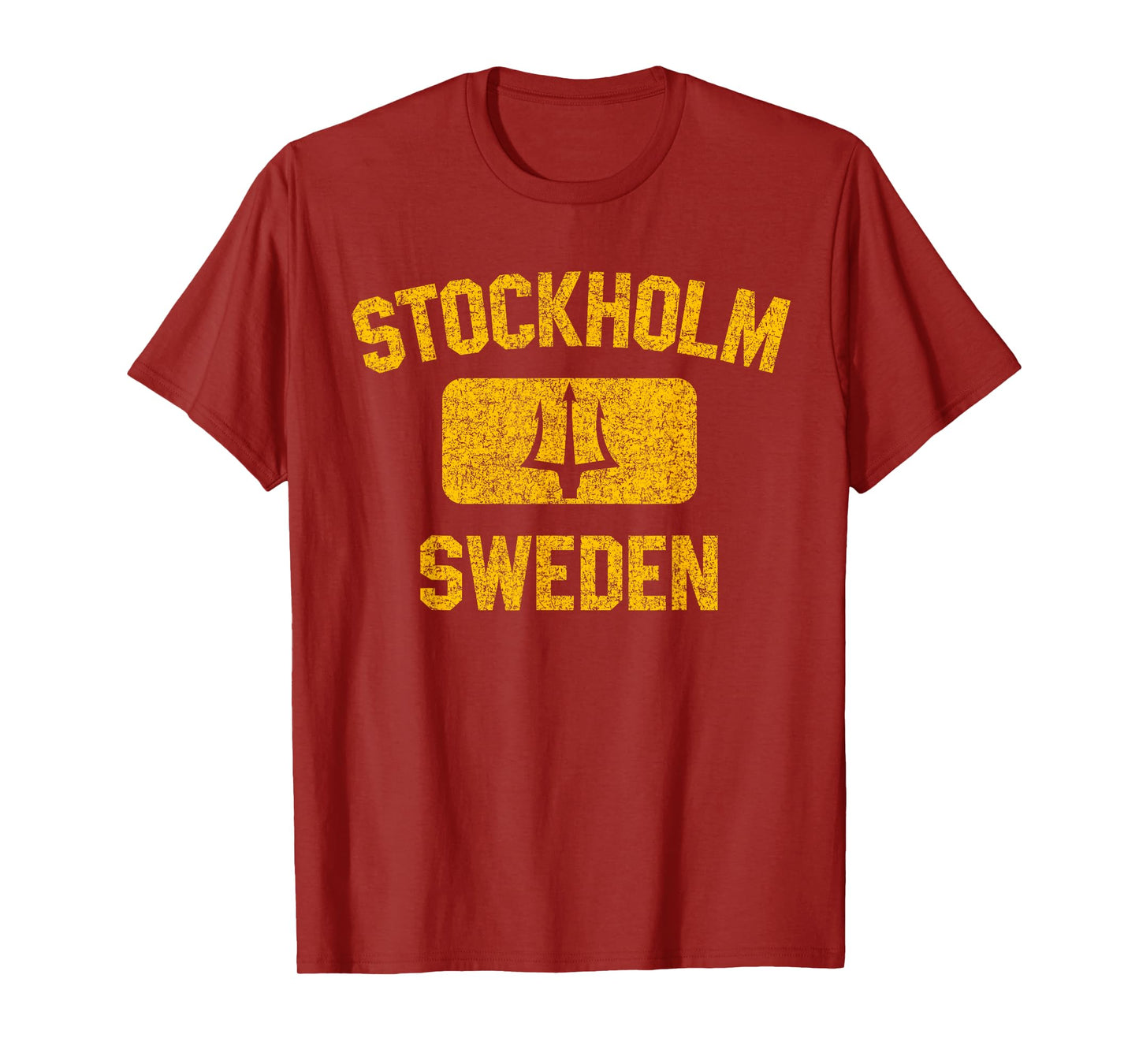 Stockholm Sweden Trident Gym Style Distressed Yellow Print T-Shirt