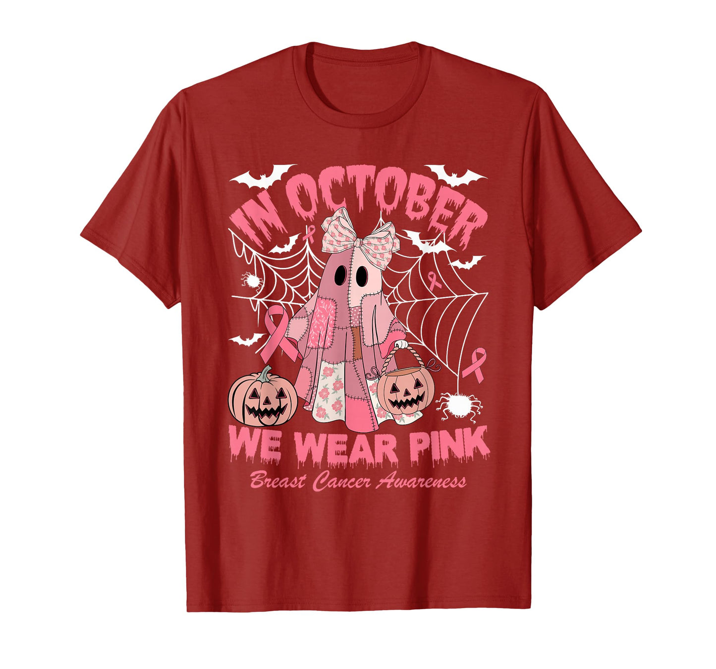 in October We Wear Pink Ghost Witch Breast Cancer Awareness T-Shirt