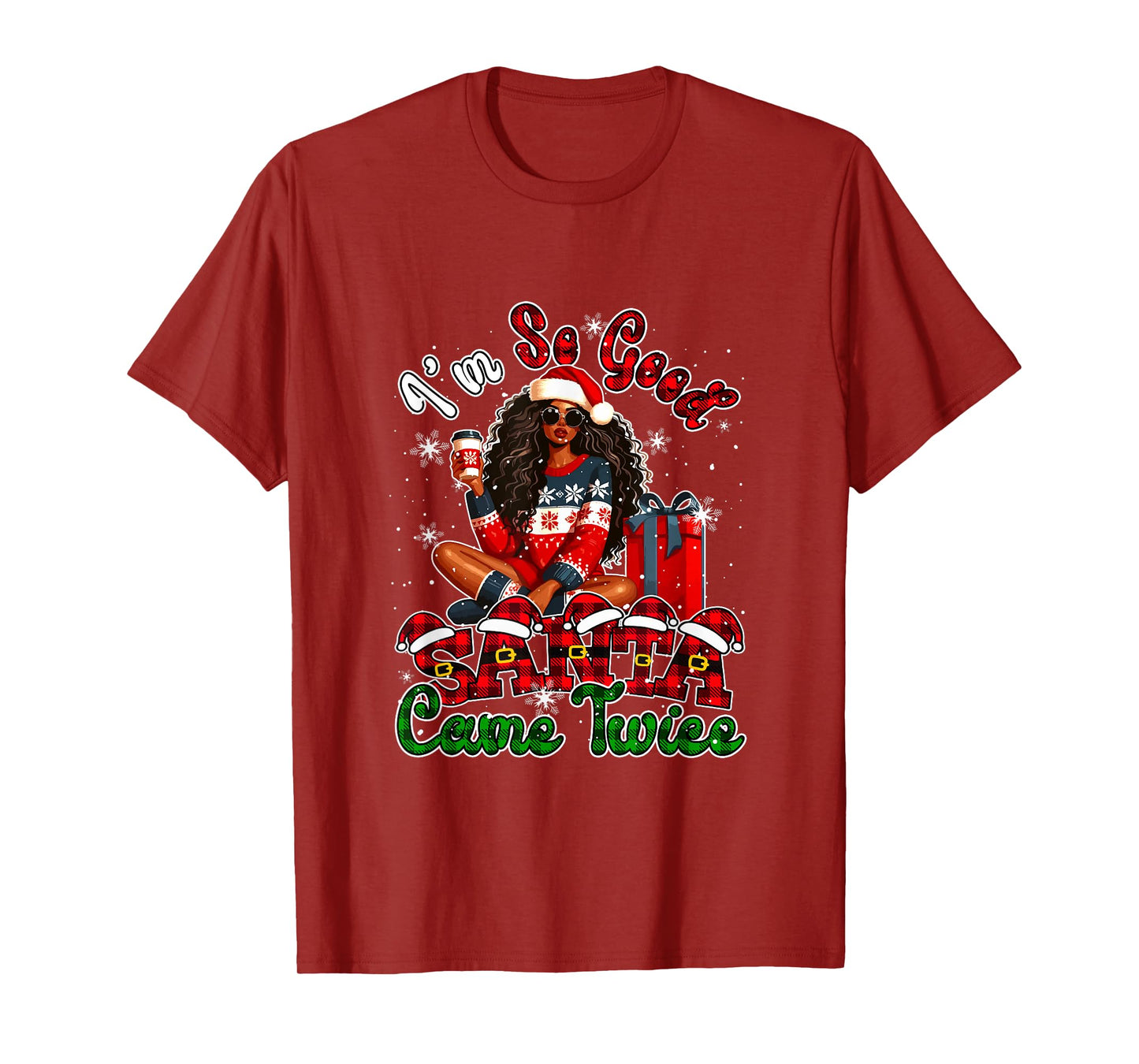 Funny Joke Santa Came Xmas Santa Afro Girl Drinking Coffee T-Shirt