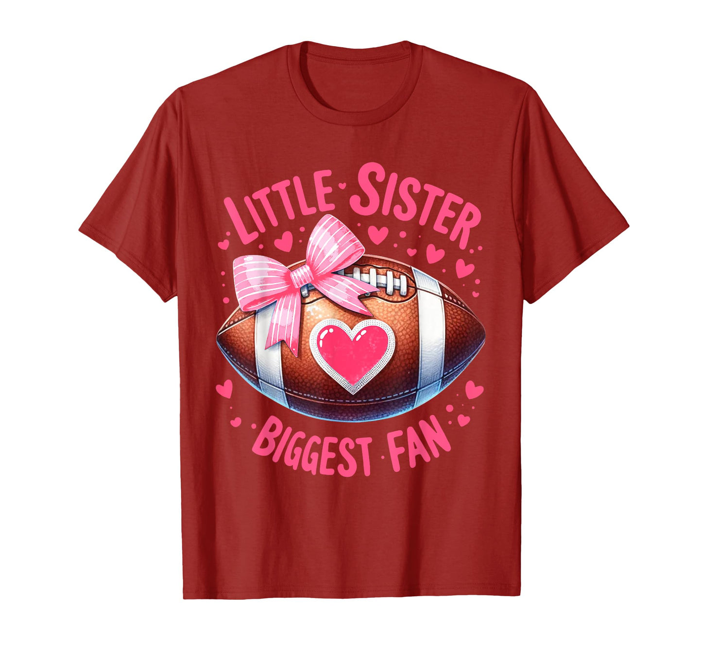 Little Sister Biggest Fan Cute Coquette Pink Bow Football T-Shirt