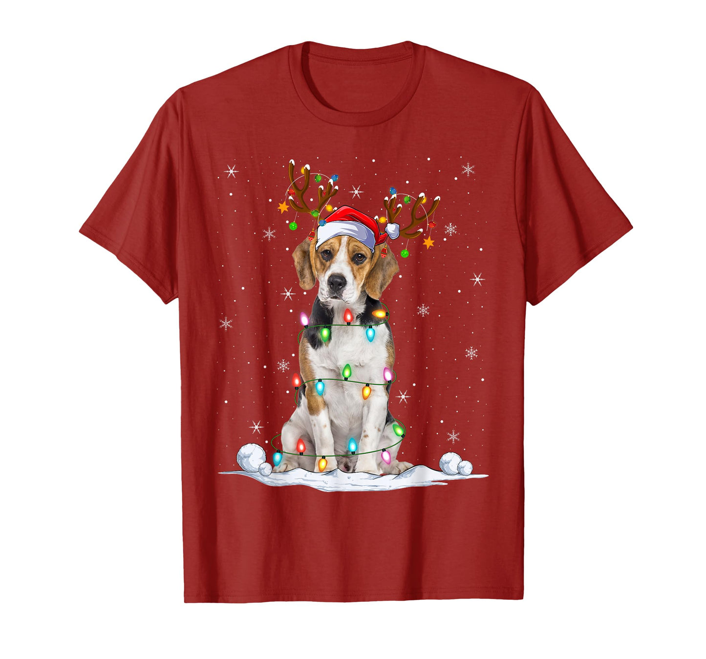 Beagle Dog Christmas Lights Reindeer Santa Hat Xmas Pajamas T-Shirt