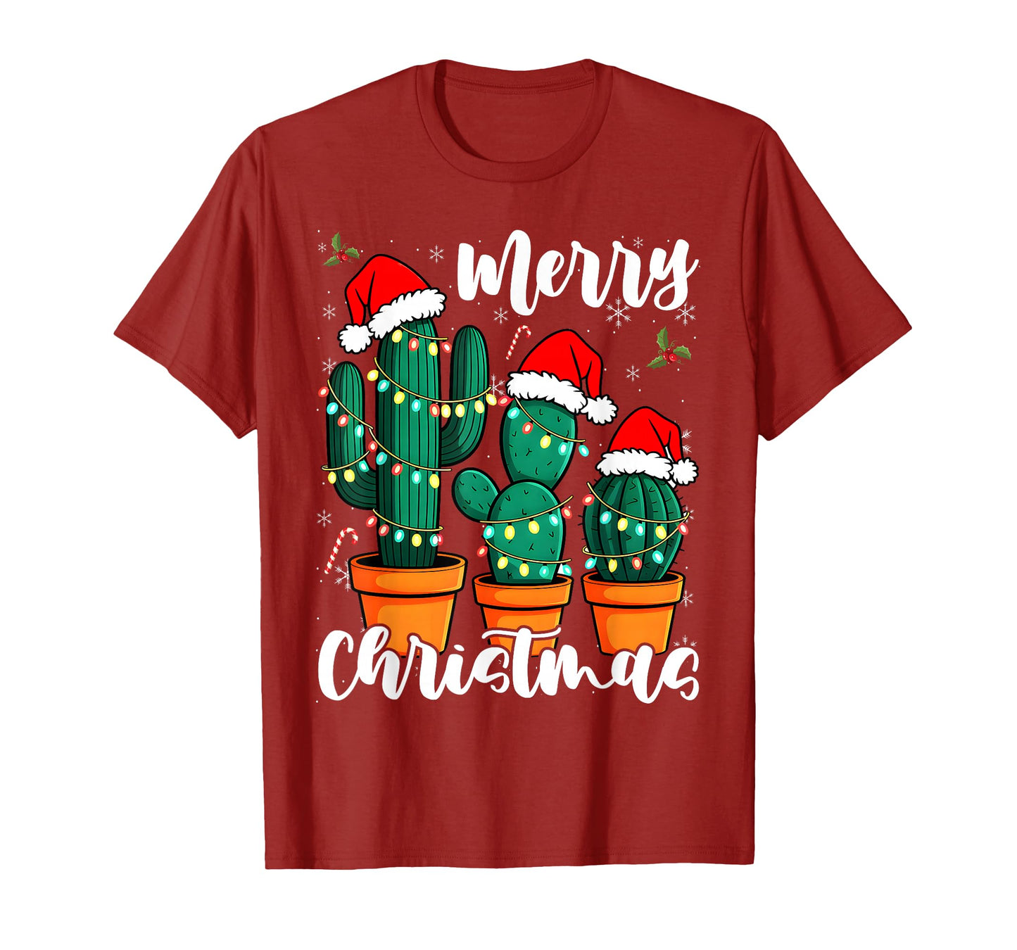Cactus Christmas Xmas Trees Lights Santa Hat Lovers T-Shirt