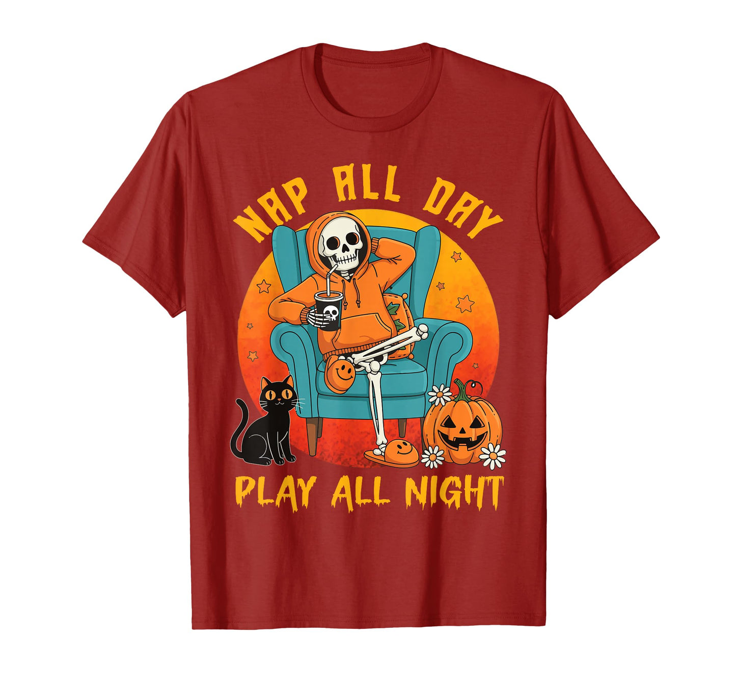 Nap All Day, Play All Night Pumpkin Cat Halloween Skeleton T-Shirt
