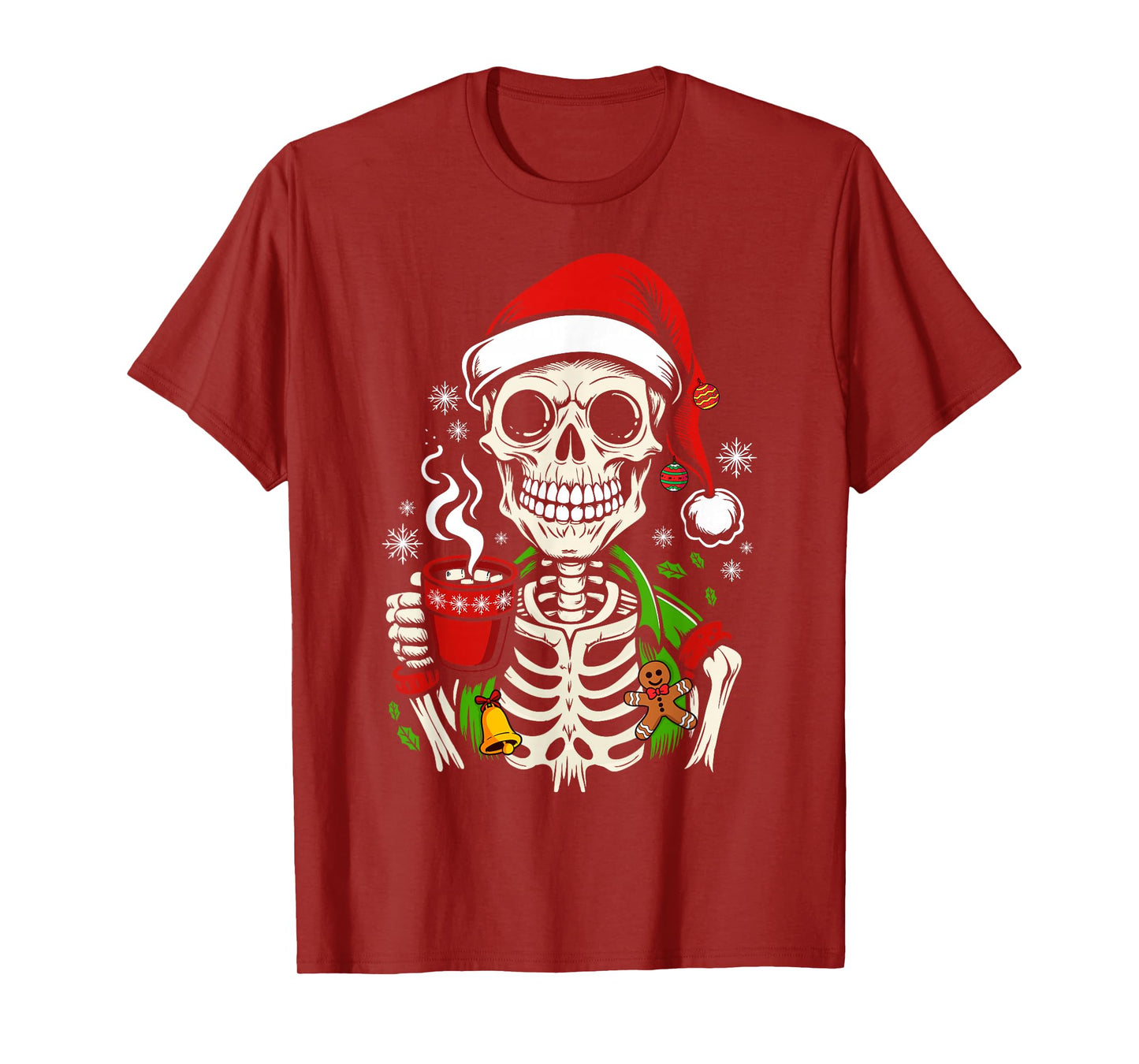 Funny Christmas Skeleton Drinking Coffee Smiling Skull Xmas T-Shirt