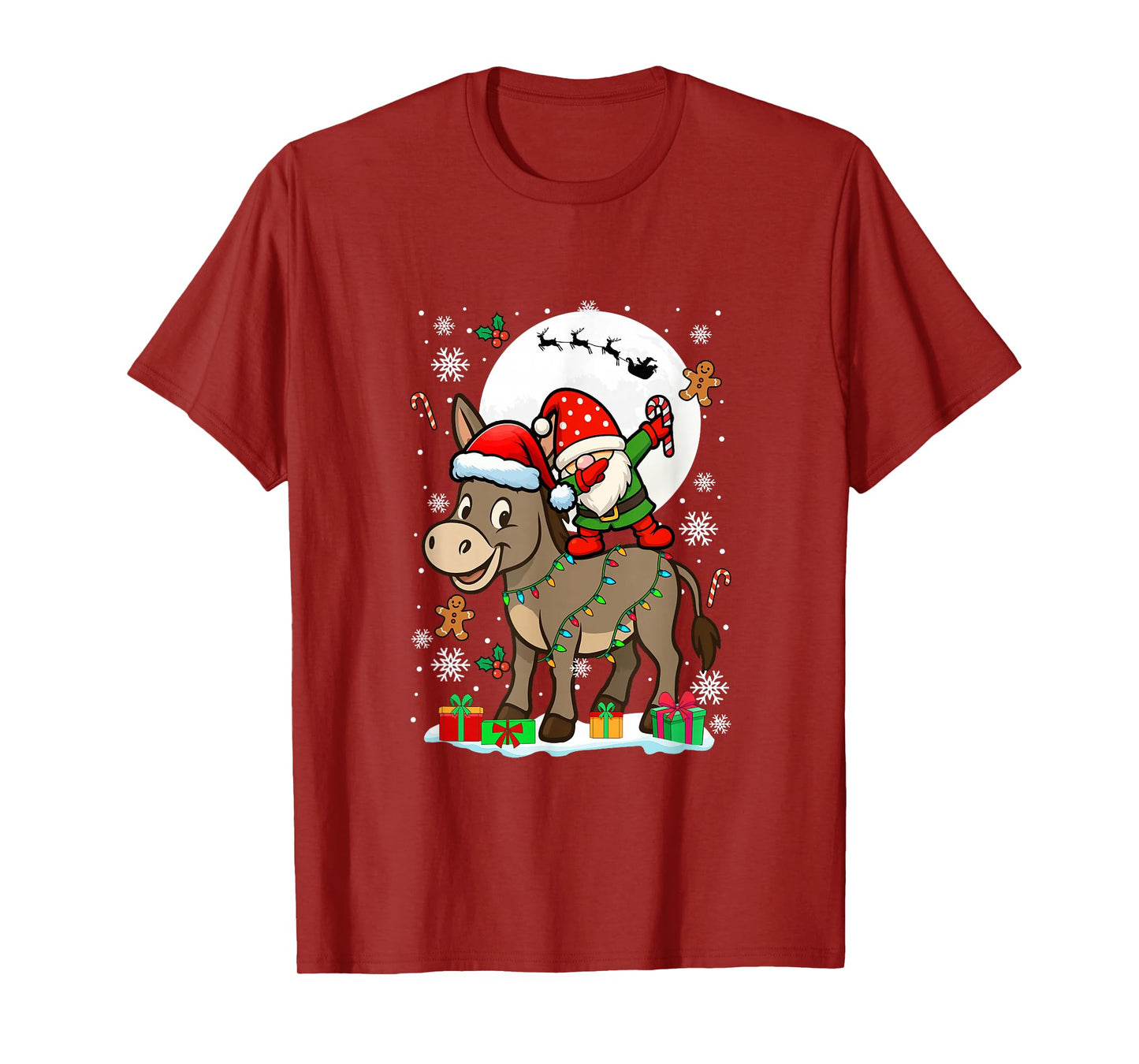 Dabbing Gnome On Donkey Christmas Santa Colorful Lights T-Shirt