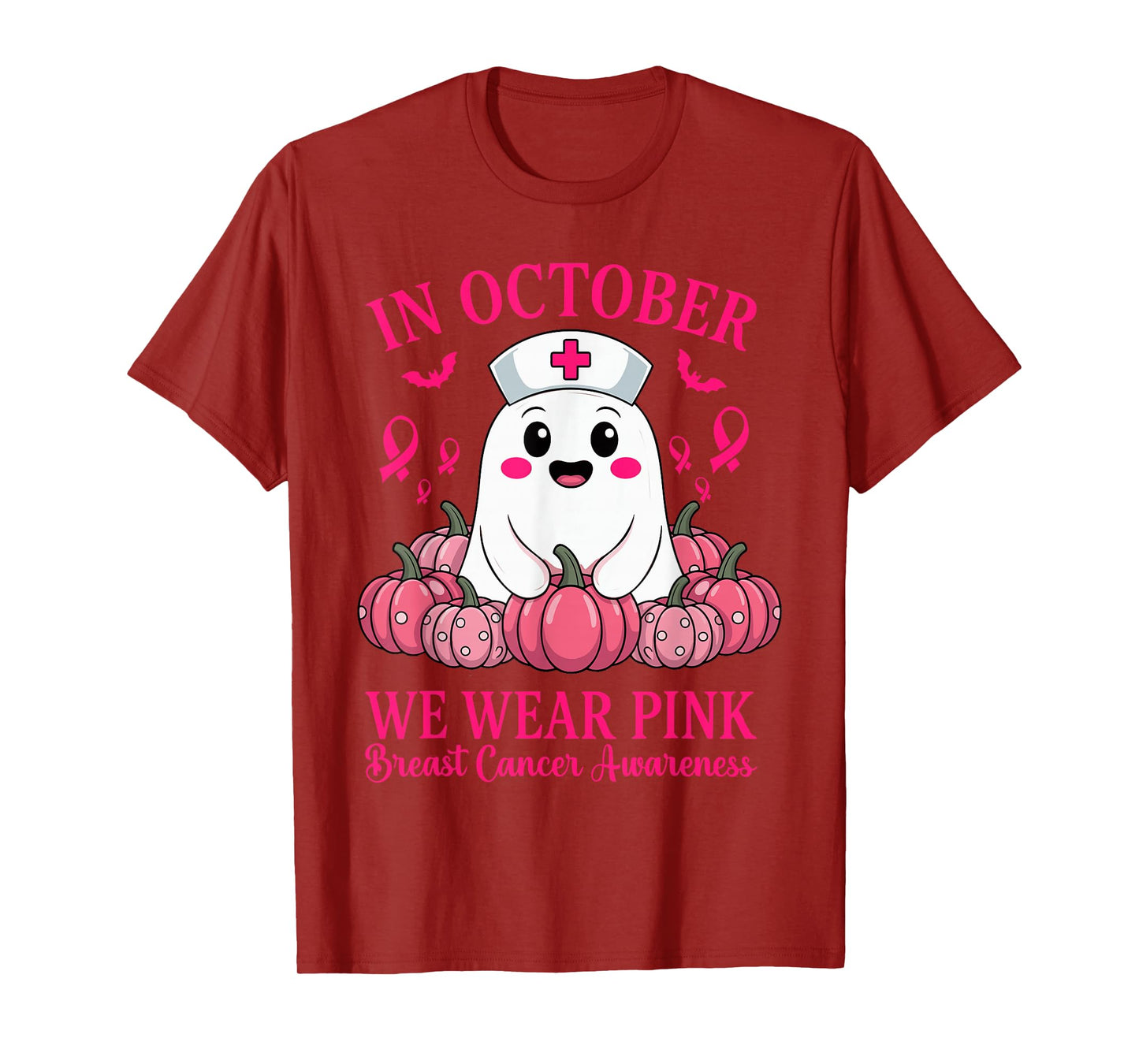in October We Wear Pink Ghost Witch Awareness T-Shirt