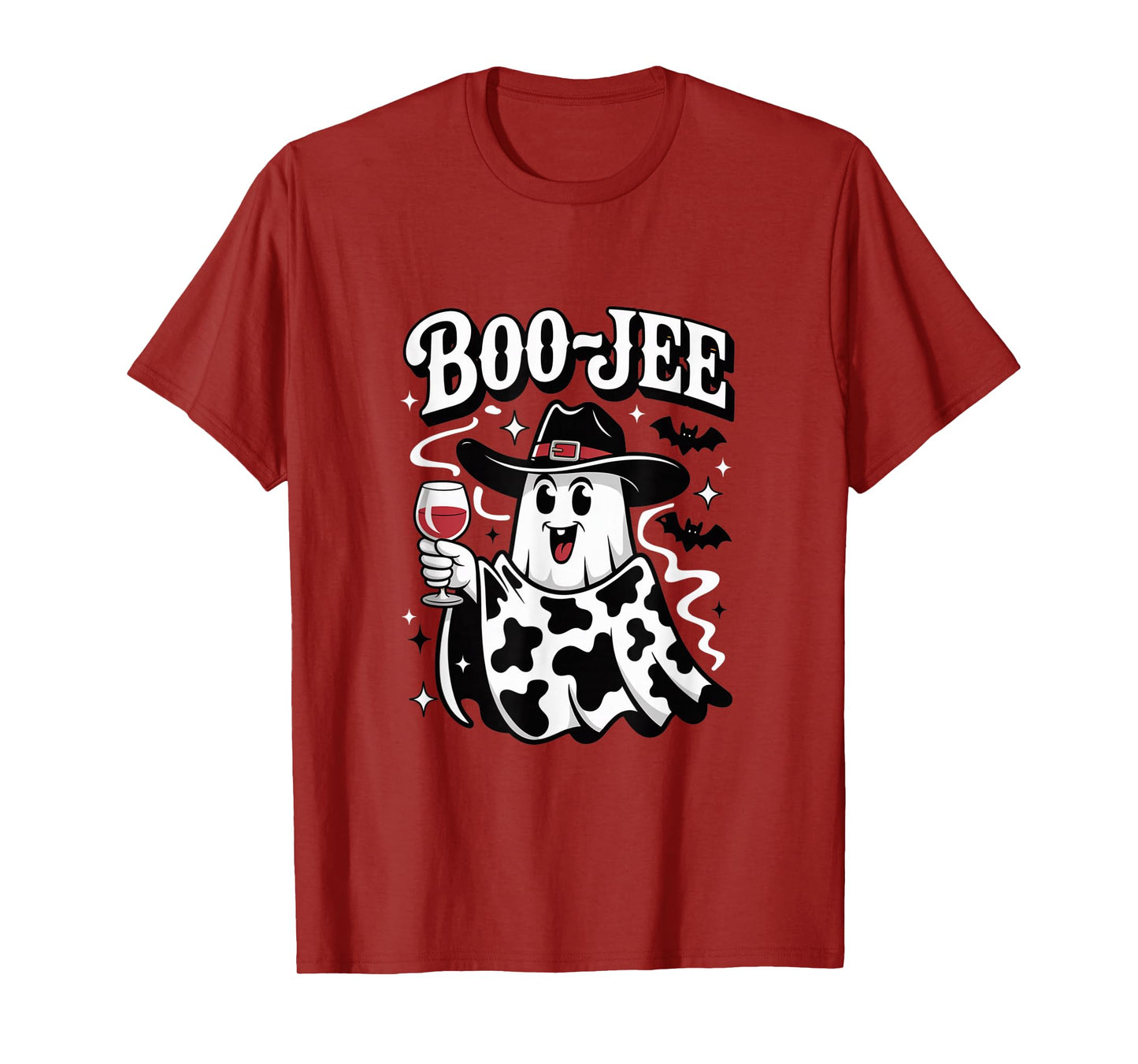 Boo JEE Ghost Drinking Wine Funny Halloween Cow T-Shirt
