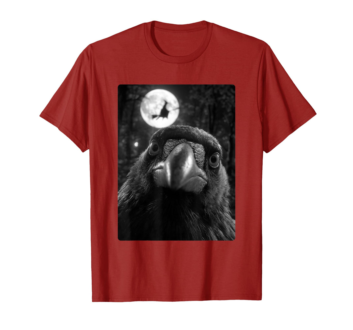 Funny Crow Selfie Full Moon Flying Witch Forest Halloween T-Shirt