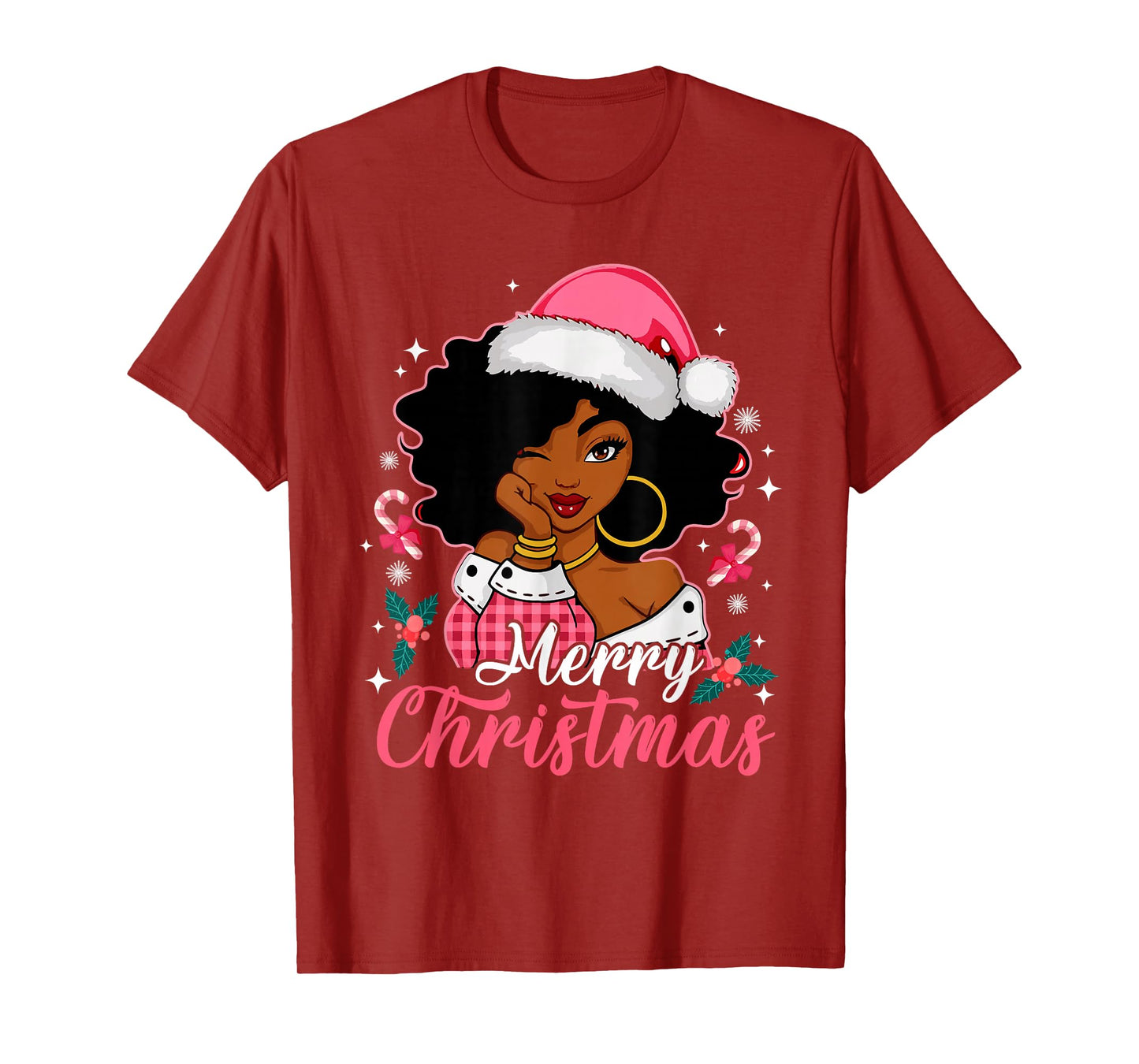 Merry Christmas Black Afro African American Girl Santa Hat T-Shirt