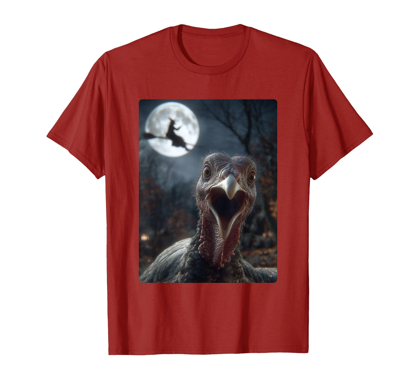 Funny Turkey Selfie Full Moon Flying Witch Forest Halloween T-Shirt