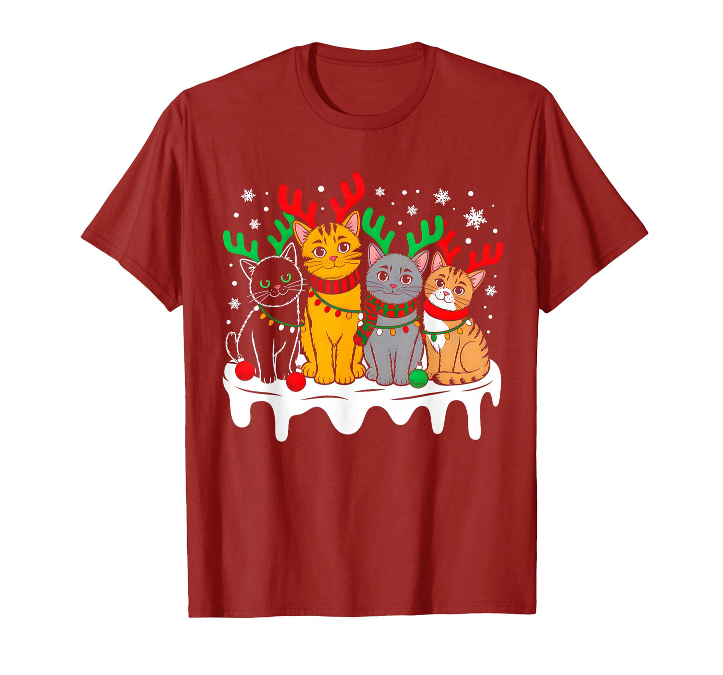 Cat Christmas Light Reindeer Santa Christmas Funny Cat Lover T-Shirt