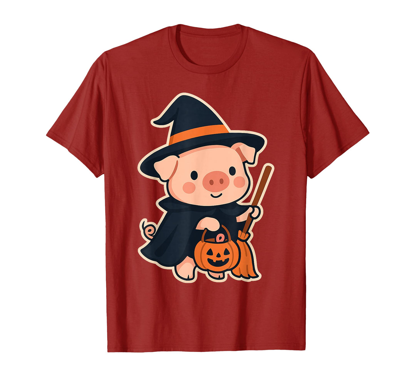 Cute Witch Pig Halloween Outfit with Broom and Pumpkin T-Shirt