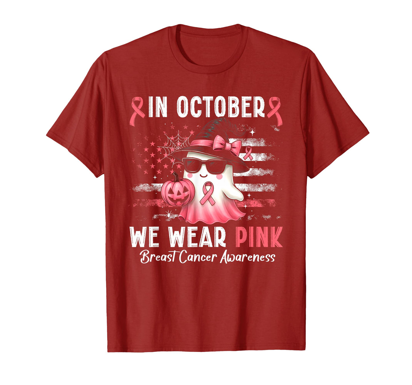 in October We Wear Pink Ghost Witch Breast Cancer Awareness T-Shirt
