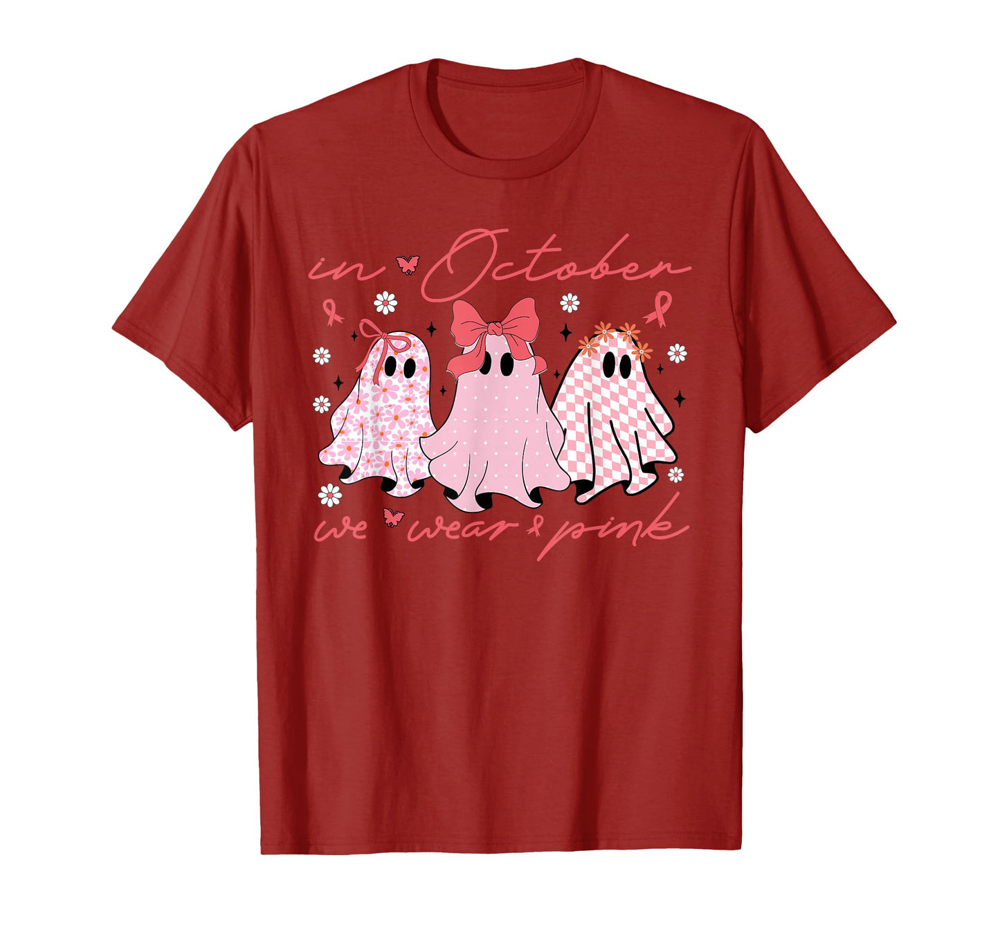 in October We Wear Pink Coquette Ghost Bow Breast Cancer T-Shirt