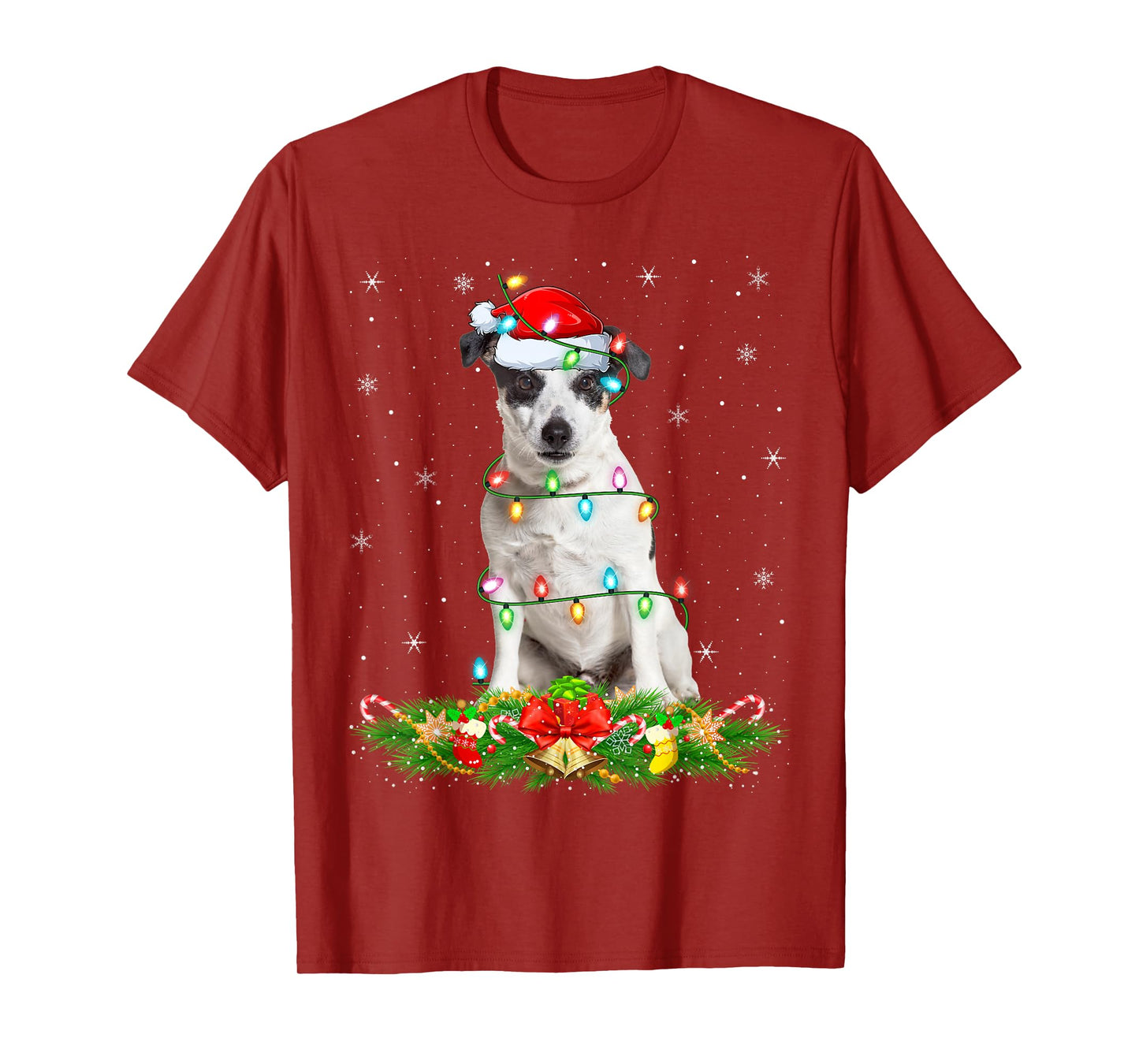 Rat Terrier Dog Christmas Lights Funny Santa Hat Xmas T-Shirt