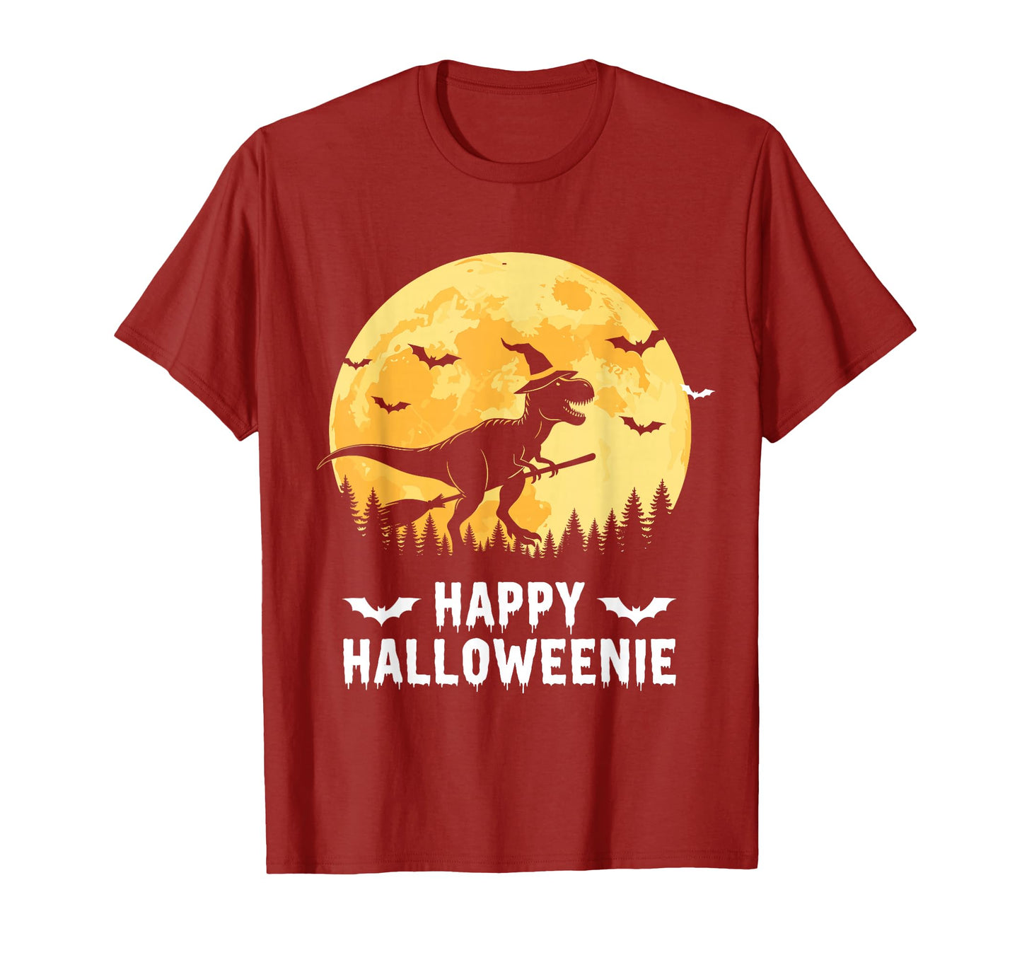 Happy Halloweenie Funny Dinosaur T Rex Flying Witch T-Shirt