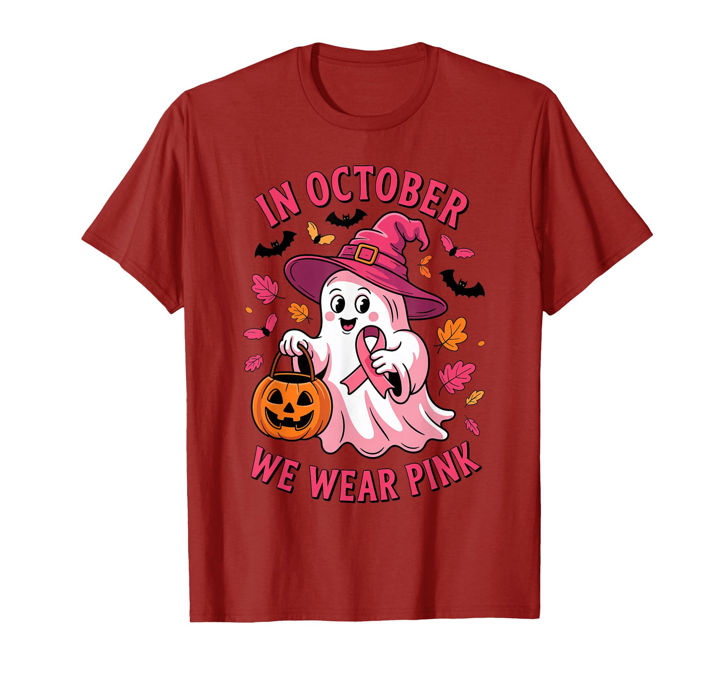Funny Ghost Halloween in October We Wear Pink Breast Cancer T-Shirt