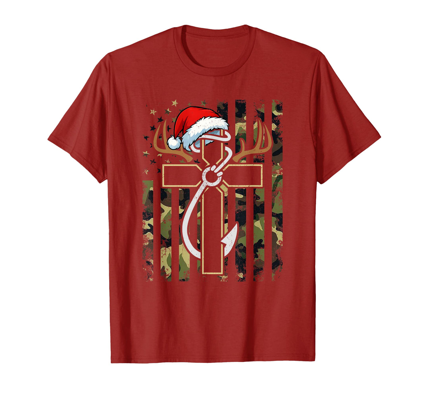Hunting Fishing Faith Cross Santa Hat Deer Antlers Hook Flag T-Shirt