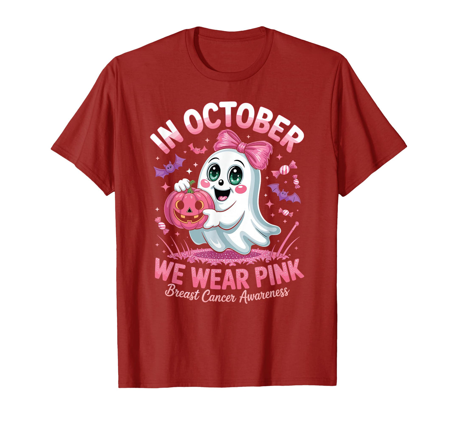 in October We Wear Pink Ghost Witch Breast Cancer Awareness T-Shirt