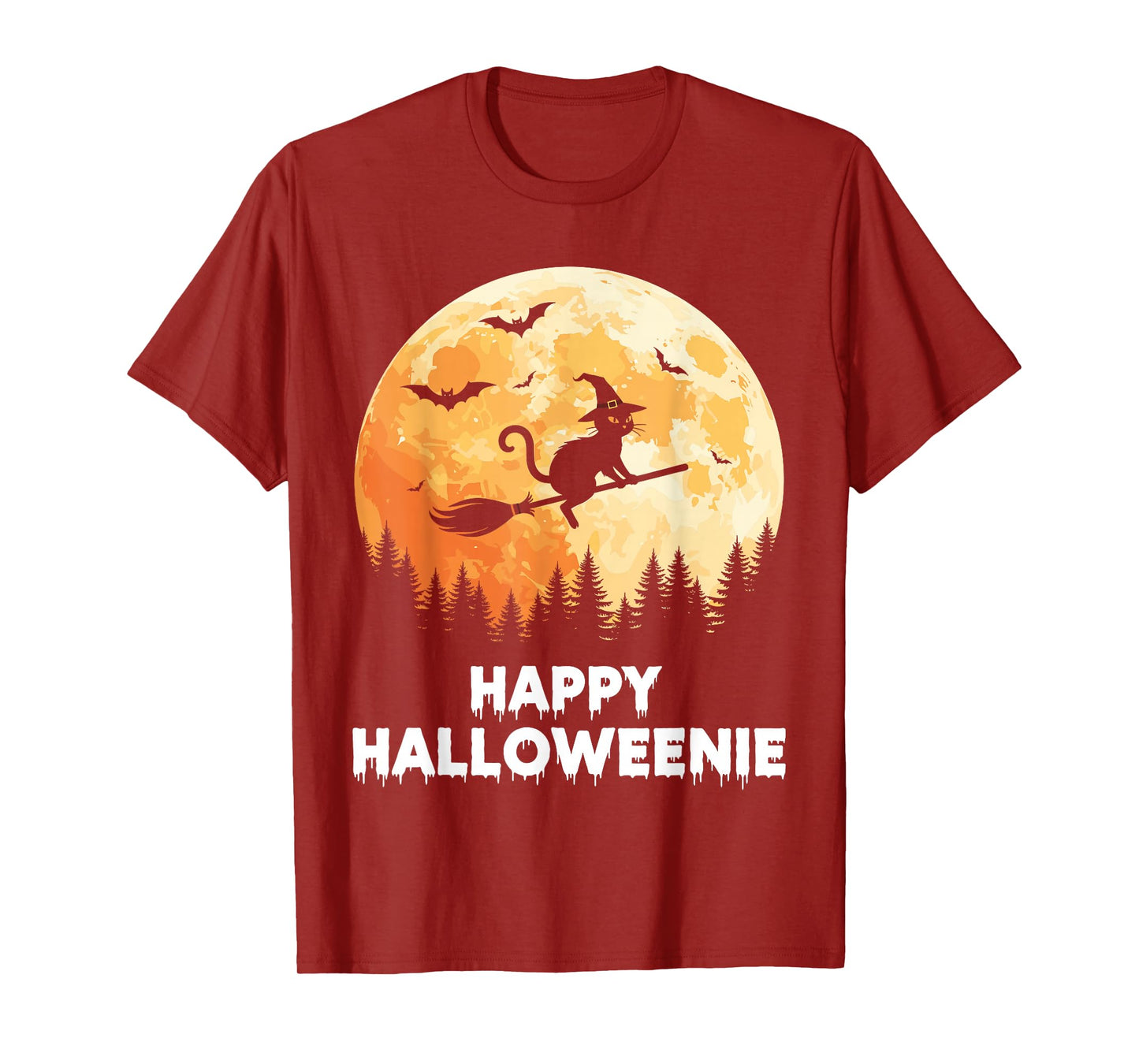 Happy Halloweenie Funny Halloween Cat Flying Witch T-Shirt