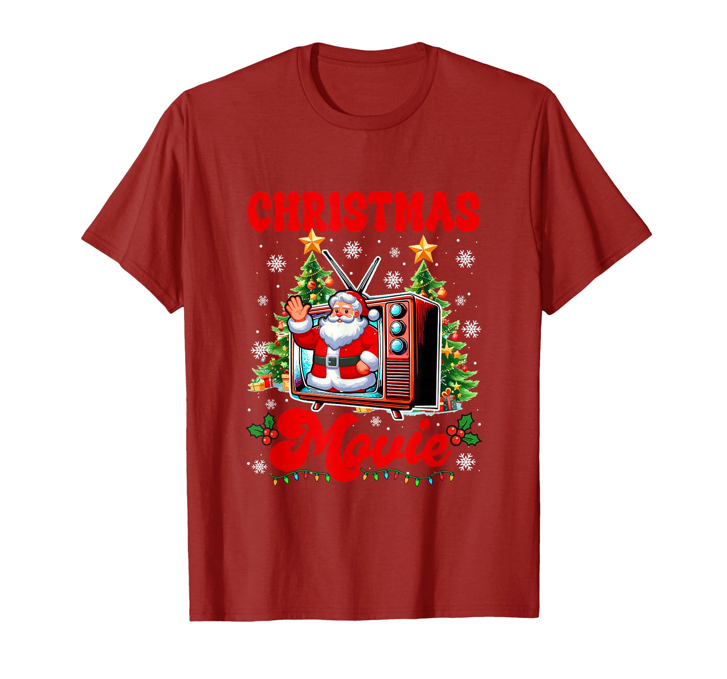 Christmas Movie Santa On Television Colorful Xmas Tree Lover T-Shirt