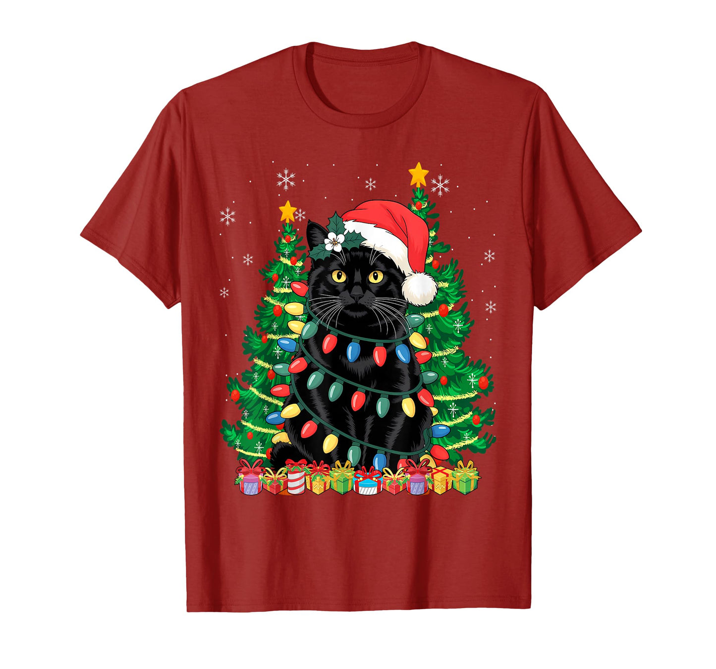 Santa Black Cat Tangled Up in Christmas Tree Lights T-Shirt