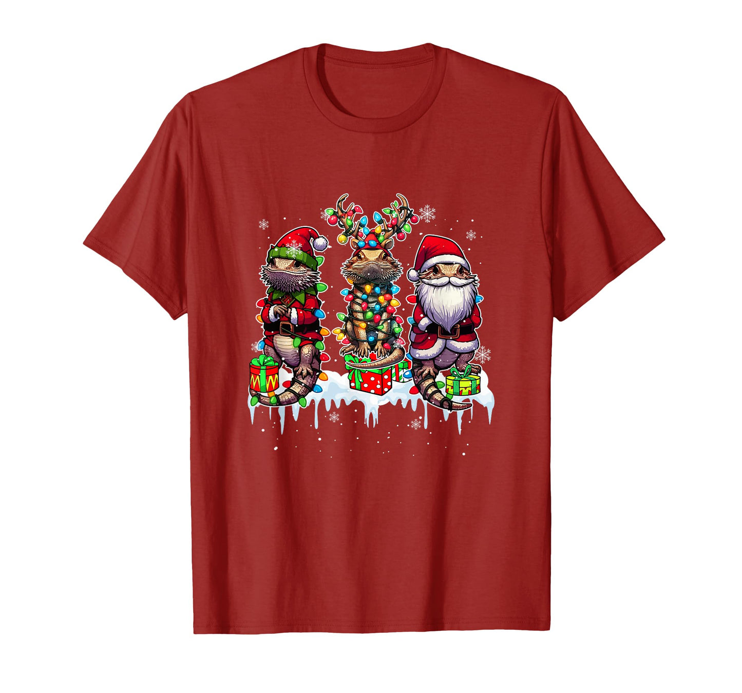 Three Santa Reindeer Elf Bearded Dragons Xmas Colorful Light T-Shirt