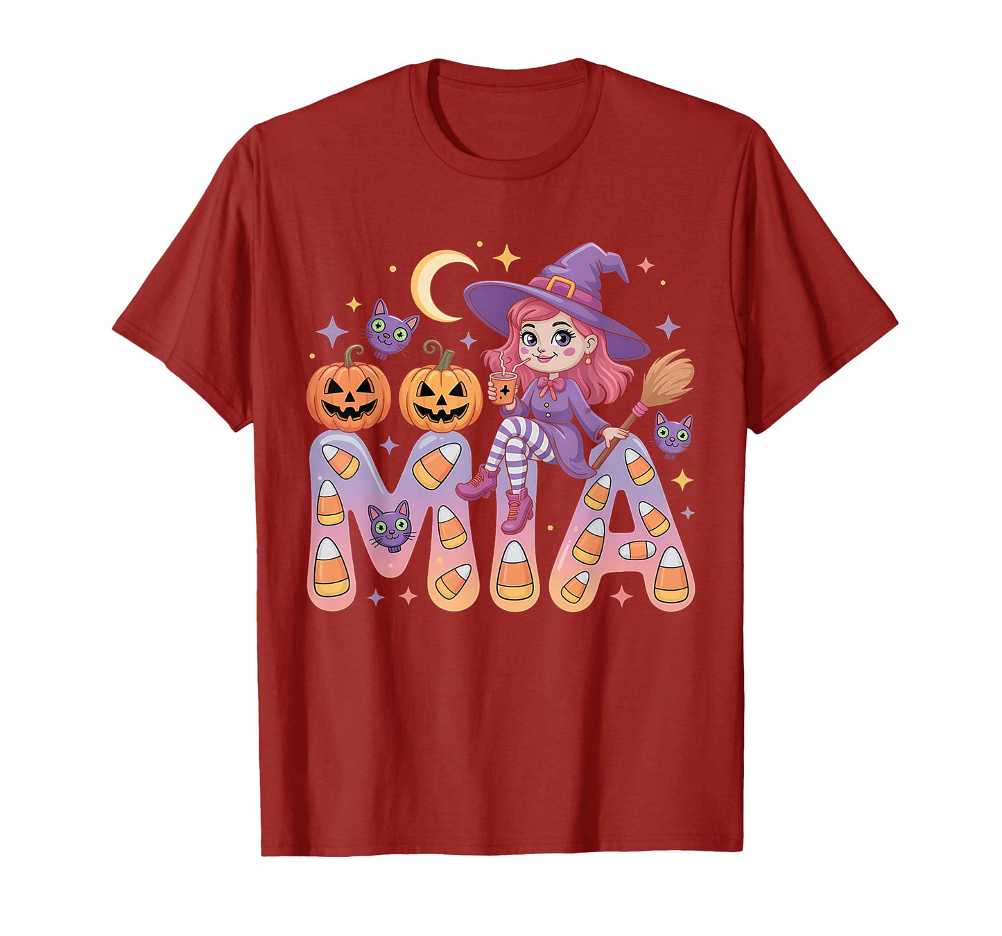 Mia Witch Candy Corn Cat Halloween Women and Girls T-Shirt
