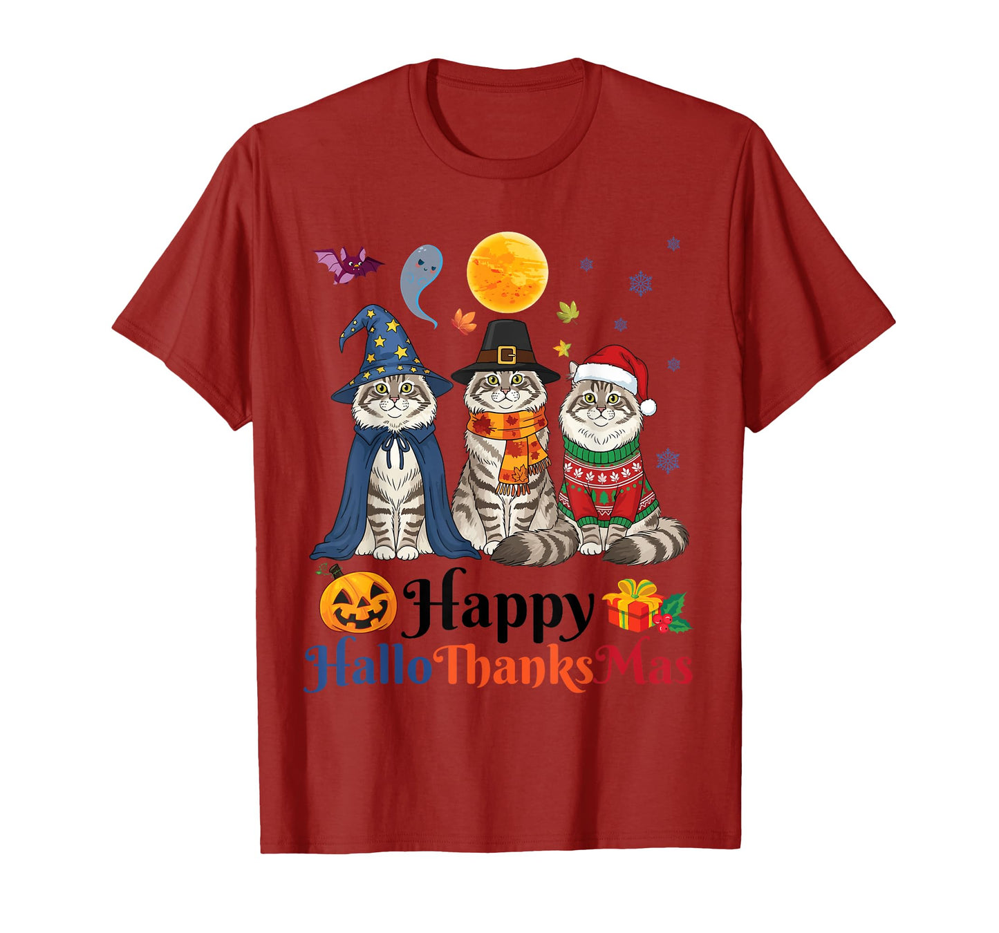 HalloThanksMas Siberian Cat Halloween Thanksgiving Christmas T-Shirt