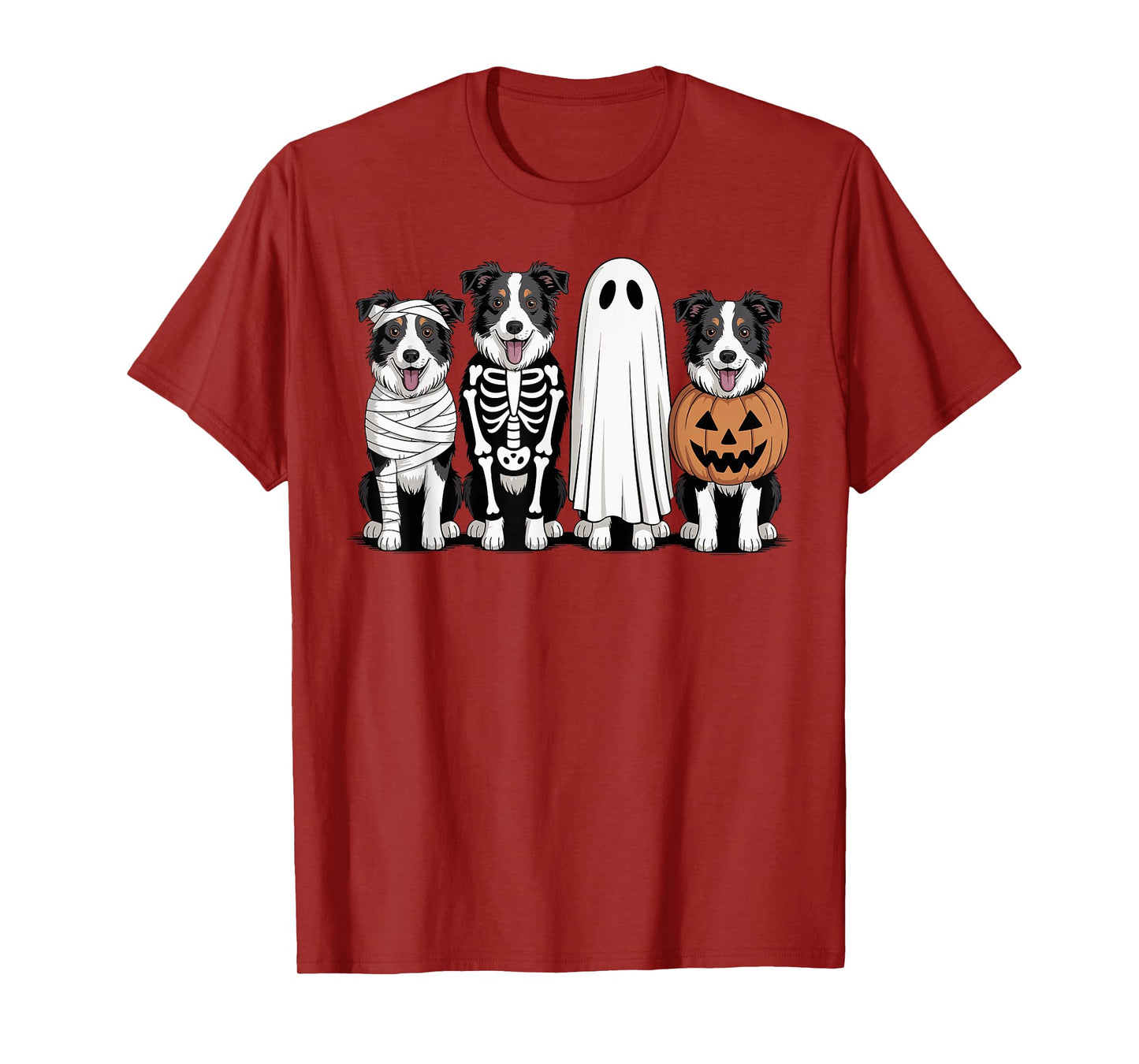 Spooky Ghost Border Collie Pumpkin Halloween Dog Skeleton T-Shirt