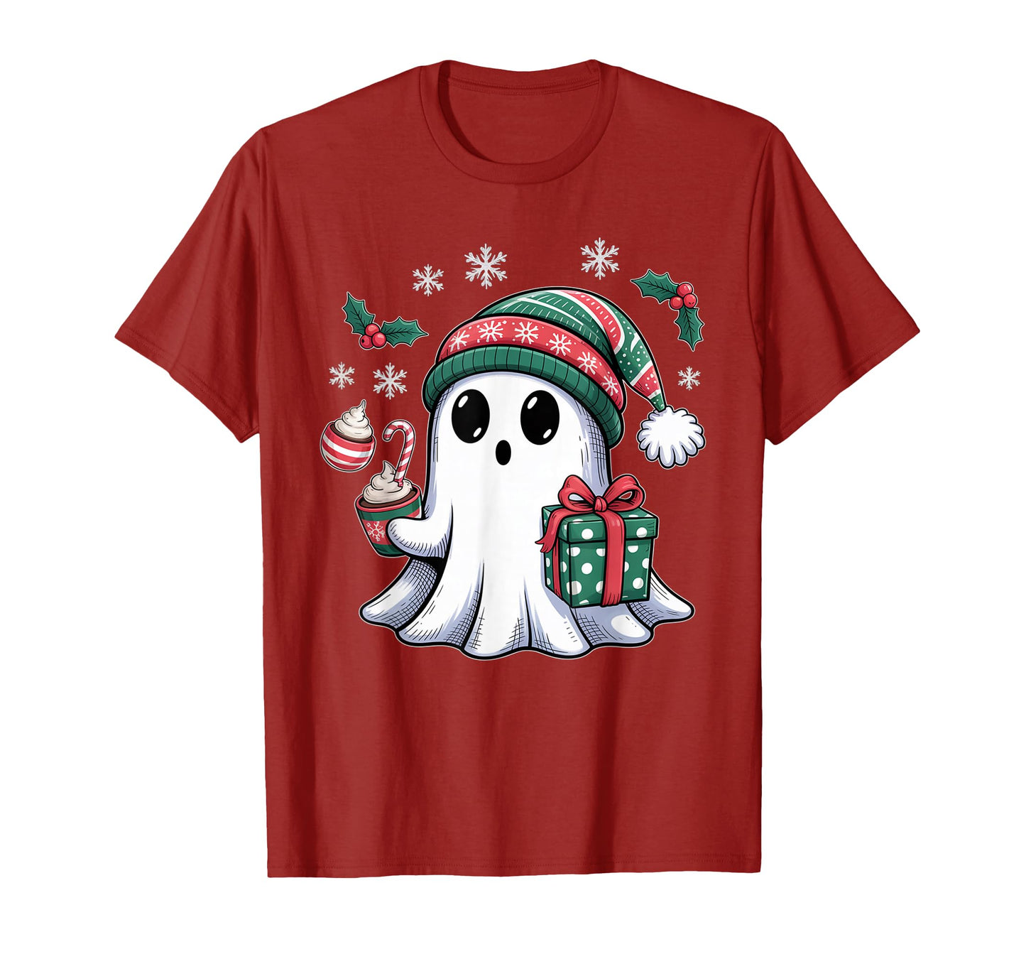 Cute Christmas Ghost Spirit with Santa Hat Coffee and Gift T-Shirt