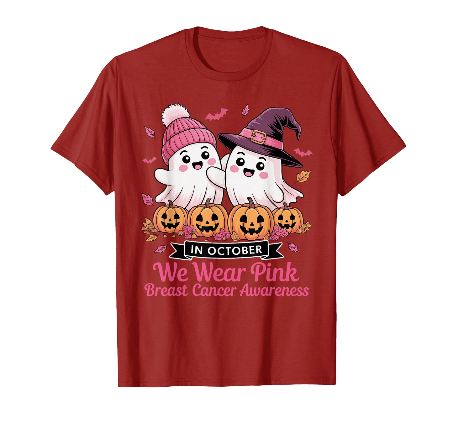 in October We Wear Pink Ghost Witch Breast Cancer Awareness T-Shirt
