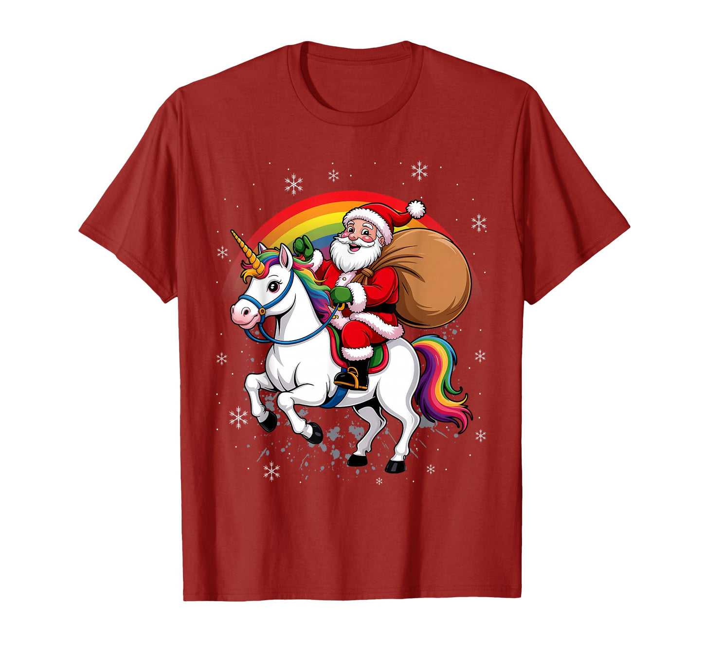 Santa Riding Unicorn & Rainbow Funny Cute Christmas T-Shirt