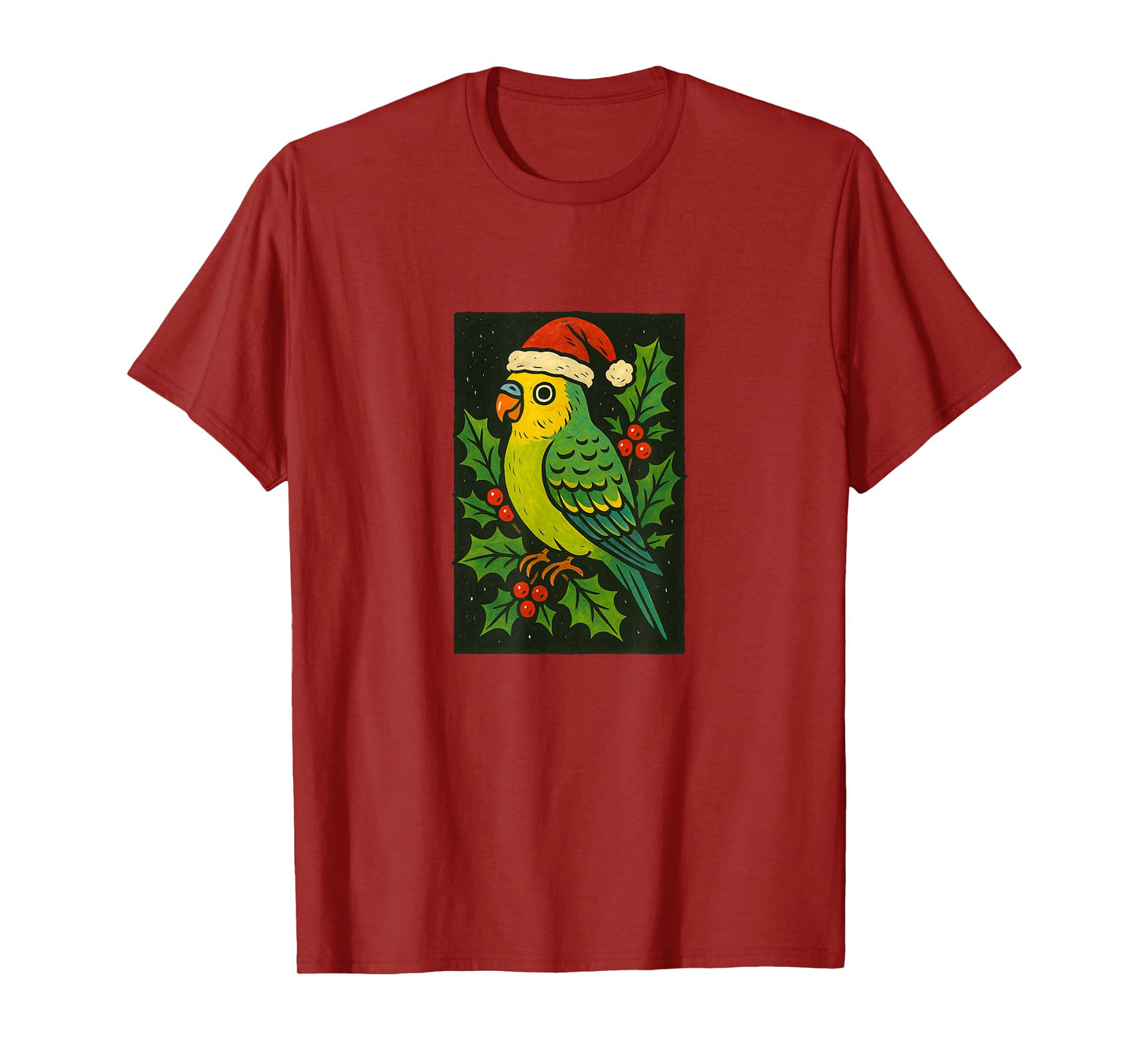 Parakeet in Santa Hat with Christmas Holly T-Shirt
