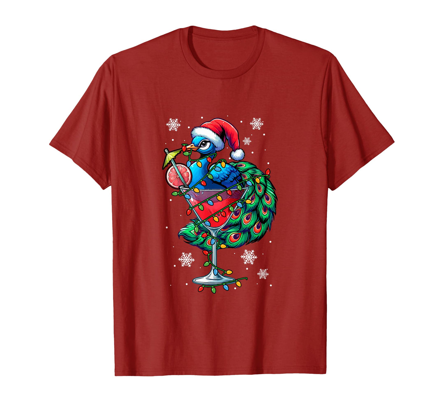Santa Peacock On Cocktail Glasses Christmas Colorful Lights T-Shirt