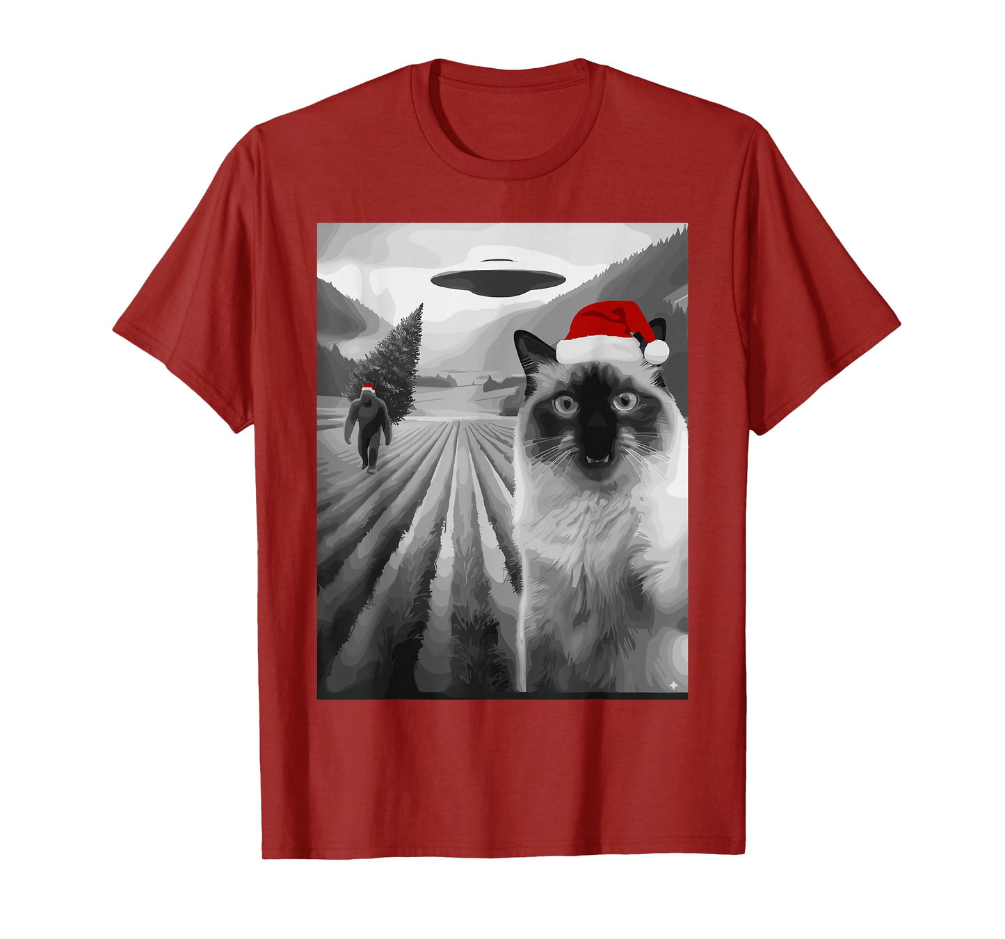 Christmas Cat Bigfoot UFO Santa Hat Funny Retro T-Shirt