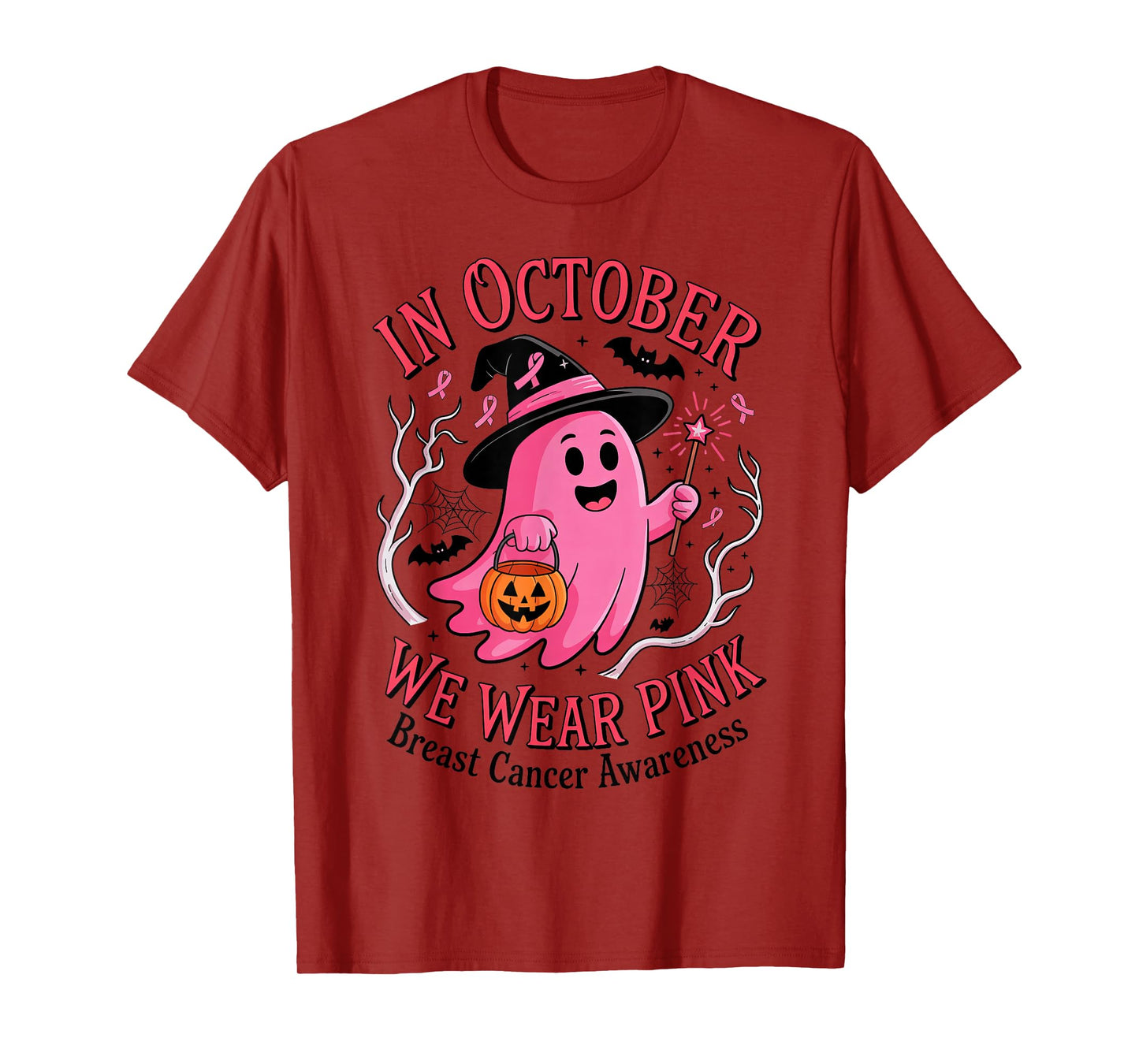 Cute Pink Ghost Witch in October We Wear Pink Breast Cancer T-Shirt