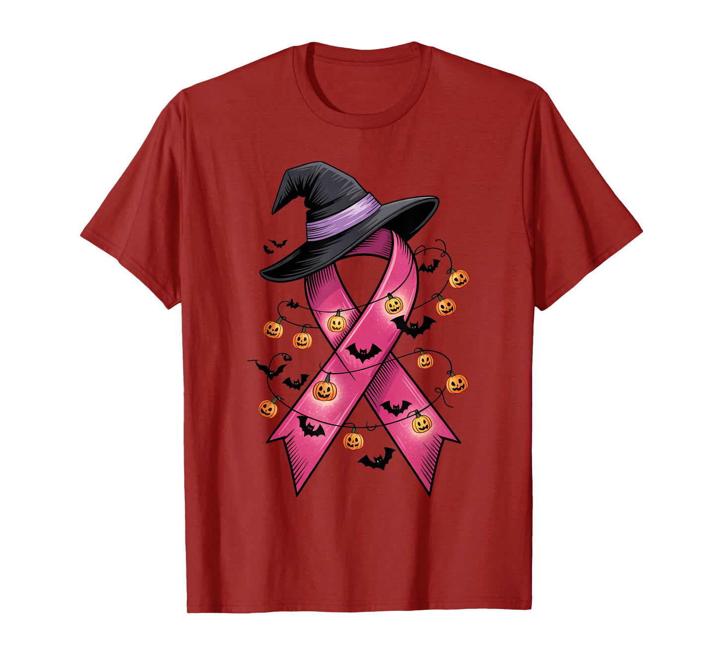 Pink Ribbon Breast Cancer with Witch Hat Halloween Costume T-Shirt